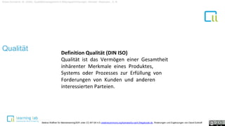 1Qualität
Bülow-Schramm, M. (2006). Qualitätsmanagement in Bildungseinrichtungen. Münster: Waxmann., S.16
Definition Qualität (DIN ISO)
Qualität ist das Vermögen einer Gesamtheit
inhärenter Merkmale eines Produktes,
Systems oder Prozesses zur Erfüllung von
Forderungen von Kunden und anderen
interessierten Parteien.
Bettina Waffner für MainstreamingOER unter CC-BY-SA 4.0 creativecommons.org/licenses/by-sa/4.0/legalcode.de, Änderungen und Ergänzungen von David Eckhoff
 