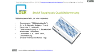Social Tagging als Qualitätsbewertung
cc by sa 4.0 Bettina Waffner für MainstreamingOER creativecommons.org/licenses/by-sa/4.0/legalcode.de
Bildungsmaterial wird frei verschlagwortet:
• Gruppentags (“OERMaterialkoffer”)
• Art (z. B. Website, Software, Video)
• Bereich (z. B. Unterricht)
• Didaktischer Zugang (z. B. Projekartbeit,
Arbeitsblatt, Experiment)
• Lehrkontext (z. B. Sek I, Sek II,
Gesamtschule)
• Weitere veranschaulichende Tags
Bettina Waffner für MainstreamingOER unter CC-BY-SA 4.0 creativecommons.org/licenses/by-sa/4.0/legalcode.de, Änderungen und Ergänzungen von David Eckhoff
 