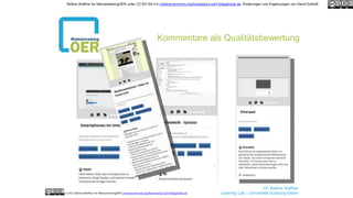 Dr. Bettina Waffner
Learning Lab – Universität Duisburg-Essencc by sa 4.0 Bettina Waffner für MainstreamingOER creativecommons.org/licenses/by-sa/4.0/legalcode.de
Kommentare als Qualitätsbewertung
Bettina Waffner für MainstreamingOER unter CC-BY-SA 4.0 creativecommons.org/licenses/by-sa/4.0/legalcode.de, Änderungen und Ergänzungen von David Eckhoff
 