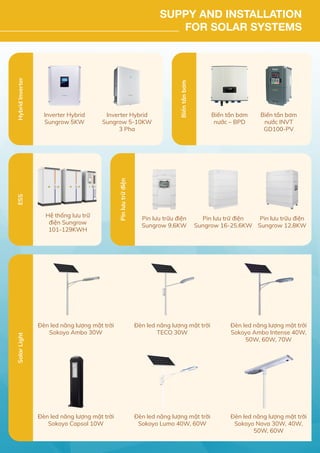 Hybrid
Inverter
ESS
Pin
lưu
trữ
điện
Inverter Hybrid
Sungrow 5KW
Inverter Hybrid
Sungrow 5-10KW
3 Pha
Biến
tần
bơm
Biến tần bơm
nước – BPD
Biến tần bơm
nước INVT
GD100-PV
Hệ thống lưu trữ
điện Sungrow
101-129KWH
Pin lưu trữu điện
Sungrow 9.6KW
Pin lưu trữu điện
Sungrow 12.8KW
Pin lưu trữ điện
Sungrow 16-25.6KW
Đèn led năng lượng mặt trời
Sokoyo Ambo 30W
Đèn led năng lượng mặt trời
TECO 30W
Đèn led năng lượng mặt trời
Sokoyo Ambo Intense 40W,
50W, 60W, 70W
Đèn led năng lượng mặt trời
Sokoyo Capsol 10W
Đèn led năng lượng mặt trời
Sokoyo Lumo 40W, 60W
Đèn led năng lượng mặt trời
Sokoyo Nova 30W, 40W,
50W, 60W
Solar
Light
SUPPY AND INSTALLATION
FOR SOLAR SYSTEMS
 