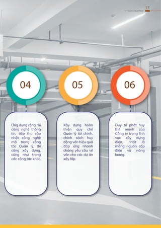 17
VITECH COMPANY
VITECH COMPANY
Ứng dụng rộng rãi
công nghệ thông
tin, tiếp thu cập
nhật công nghệ
mới trong công
tác Quản lý, thi
công xây dựng,
cũng như trong
các công tác khác.
Xây dựng hoàn
thiện quy chế
Quản lý tài chính,
chính sách huy
động vốn hiệu quả
đáp ứng nhanh
chóng yêu cầu về
vốn cho các dự án
xây lắp.
Duy trì phát huy
thế mạnh của
Công ty trong lĩnh
vực xây dựng
điện, nhất là
mảng nguồn cấp
điện và năng
lượng.
04 05 06
 