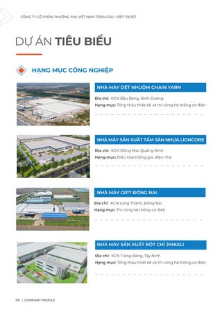 CÔNG TY CỔ PHẦN THƯƠNG MẠI VIỆT NAM TOÀN CẦU - 0971 118 557
COMPANY PROFILE
08
DỰ ÁN TIÊU BIỂU
Địa chỉ: KCN Bầu Bàng, Bình Dương
Hạng mục: Tổng thầu thiết kế và thi công hệ thống cơ điện
_ _ _ _ _ _ _ _ _ _ _ _ _ _ _ _ _ _ _ _
_ _ _ _ _ _ _ _ _ _ _ _ _ _ _ _ _ _ _ _
_ _ _ _ _ _ _ _ _ _ _ _ _ _ _ _ _ _ _ _
_ _ _ _ _ _ _ _ _ _ _ _ _ _ _ _ _ _ _ _
HẠNG MỤC CÔNG NGHIỆP
Địa chỉ: KCN Đông Mai, Quảng Ninh
Hạng mục: Điều hòa thông gió, điện nhẹ
Địa chỉ: KCN Long Thành, Đồng Nai
Hạng mục: Thi công hệ thống cơ điện
Địa chỉ: KCN Trảng Bàng, Tây Ninh
Hạng mục: Tổng thầu thiết kế và thi công hệ thống cơ điện
NHÀ MÁY DỆT NHUỘM CHAIN YARN
NHÀ MÁY SẢN XUẤT TẤM SÀN NHỰA LIONCORE
NHÀ MÁY GIPT ĐỒNG NAI
NHÀ MÁY SẢN XUẤT BỘT CHÌ JINKELI
 
