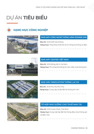 Địa chỉ: KCN Green IPark, Thái Bình
Hạng mục: Cung cấp lắp đặt hệ thống điều hòa thông gió
và điện nhẹ
CÔNG TY CỔ PHẦN THƯƠNG MẠI VIỆT NAM TOÀN CẦU - 0971 118 557
COMPANY PROFILE 09
Địa chỉ: KCN Phú Hà, Phú Thọ
Hạng mục: Cung cấp và lắp đặt hệ thống khí nén
NHÀ MÁY CÔNG NGHỆ THÔNG MINH RONNIE (VN)
NHÀ MÁY GEMTEK VIỆT NAM
NHÀ MÁY INNOVATION TƯƠNG LAI VN
TỔ HỢP NHÀ XƯỞNG CHO THUÊ NAM TÀI
DỰ ÁN TIÊU BIỂU
Địa chỉ: KCN VSIP Hải Dương
Hạng mục: Tổng thầu thiết kế và thi công hệ thống cơ điện
Địa chỉ: KCN Đồng Văn II, Hà Nam
Hạng mục: Thi công hệ thống khí nén, điều hoà không khí
_ _ _ _ _ _ _ _ _ _ _ _ _ _ _ _ _ _ _ _
_ _ _ _ _ _ _ _ _ _ _ _ _ _ _ _ _ _ _ _
_ _ _ _ _ _ _ _ _ _ _ _ _ _ _ _ _ _ _ _
_ _ _ _ _ _ _ _ _ _ _ _ _ _ _ _ _ _ _ _
HẠNG MỤC CÔNG NGHIỆP
 