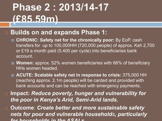 Phase 2 : 2013/14-17 
(£85.59m) 
 Builds on and expands Phase 1: 
 CHRONIC: Safety net for the chronically poor: By EoP, cash 
transfers for up to 100,000HH (720,000 people) of approx. Ksh 2,700 
or £19 a month paid (5,400 per cycle) into beneficiaries bank 
account. 
 Women: approx. 52% women beneficiaries with 66% of beneficiary 
HHs women headed. 
 ACUTE: Scalable safety net in response to crisis: 375,000 HH 
(reaching approx. 2.1m people) will be carded and provided with 
bank accounts and can be reached with emergency payments. 
 Impact: Reduce poverty, hunger and vulnerability for 
the poor in Kenya’s Arid, Semi-Arid lands. 
 Outcome: Create better and more sustainable safety 
nets for poor and vulnerable households, particularly 
for households in the ASALs. 
 