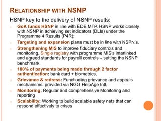 RELATIONSHIP WITH NSNP 
HSNP key to the delivery of NSNP results: 
o GoK funds HSNP in line with EDE MTP. HSNP works closely 
with NSNP in achieving set indicators (DLIs) under the 
Programme 4 Results (P4R); 
o Targeting and expansion plans must be in line with NSPN’s. 
o Strengthening MIS to improve fiduciary controls and 
monitoring. Single registry with programme MIS’s interlinked 
and agreed standards for payroll controls – setting the NSNP 
benchmark. 
o 100% of payments being made through 2 factor 
authentication: bank card + biometrics. 
o Grievance & redress: Functioning grievance and appeals 
mechanisms: provided via NGO HelpAge Intl. 
o Monitoring: Regular and comprehensive Monitoring and 
reporting 
o Scalability: Working to build scalable safety nets that can 
respond effectively to crises 
 