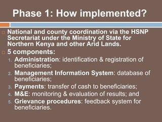 Phase 1: How implemented? 
 National and county coordination via the HSNP 
Secretariat under the Ministry of State for 
Northern Kenya and other Arid Lands. 
 5 components: 
1. Administration: identification & registration of 
beneficiaries; 
2. Management Information System: database of 
beneficiaries; 
3. Payments: transfer of cash to beneficiaries; 
4. M&E: monitoring & evaluation of results; and 
5. Grievance procedures: feedback system for 
beneficiaries. 
 