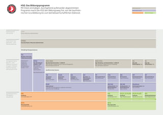 HSO. Das Bildungsprogramm
                  Mit ihrem einmaligen, durchgehend aufeinander abgestimmten                                                                                                                                                                HSO Executive

                  Programm macht die HSO den Bildungsweg frei, von der kaufmän-                                                                                                                                                             HSO Kaderschule

                  nischen Grundbildung bis zum betriebswirtschaftlichen Doktorat.                                                                                                                                                           HSO Handelsschule          HSO KV College




Professional      DBA
Doctorate         Doctor of Business Administration




Internationale    EMBA
Bachelor- und     Executive Master of Business Administration
Masterdiplome


                  Mehrjährige Managementpraxis



                  FH
                  Bachelor of Arts (FH)
                  in Betriebswirtschaft


Schweizerische    Fachhochschul-           HFW                      NDS BWL                                                                                    NDS MVL                                                                      ML                         VL
                  studium mit
Berufs- und       integriertem
                                           Dipl. Betriebswirt-      Dipl. Betriebswirtschafter / -in NDS HF                                                    Dipl. Marketing- und Verkaufsleiter / -in NDS HF                             Eidg. dipl.                Eidg. dipl.
Höhere Fachprü-   Abschluss als
                                           schafter / -in HF        (BASc Bachelor of Applied Science in General Management)                                   (BASc Bachelor of Applied Science in Marketing)                              Marketingleiter / -in      Verkaufsleiter / -in
fungen, Höhere    Dipl. Betriebswirt-
                                           (BASc Bachelor           Eidg. Nachdiplomstudium HF                                                                 Eidg. Nachdiplomstudium HF
                                           of Applied Science
Fachschule für    schafter / -in HF
                                           in Business
Wirtschaft HFW                             Administration)          Qualifizierte Berufspraxis

                                           Eidg. Diplomstudium HF

                                                                    TK                       HWD                       DA                  UO                  FF                       FIN                       HR                        MF                         VF
                                                                    Technische               Wirtschafts-              Direktions-         Spezialist / -in    Führungsfachleute        Finanzfachleute           HR-Fachleute              Marketingfachleute         Verkaufsfachleute
                                                                    Kaufleute                fachleute                 assistent / -in     Unternehmens-       Eidg. Fachausweis        Eidg. Fachausweis         Eidg. Fachausweis         Eidg. Fachausweis          Eidg. Fachausweis
                                                                    Eidg. Fachausweis        Fachausweis VSK           Eidg. Fachausweis   organisation
                                                                                                                                           Eidg. Fachausweis


                                                                    KVK                                                                                                                 SB FIN                    SB HR                     MarKom
                                                                    Kadervorkurse                                                                                                       Sachbearbeiter / -in      Sachbearbeiter / -in      Marketingassistent / -in
                                                                    in den Bereichen Management, Leadership und Finance                                                                 Rechnungswesen            Human Resources           Eidg. zertifiziert
                                                                    (optional, je nach Vorbildung)                                                                                      Zertifikat HSO            Eidg. zertifiziert



Schweizerische    HD                                                                                                                                                                    HD                        KV B- / E-Profil KV M-Profil                         DH
Fähigkeits-       Kaufleute                                                                                                                                                             Kaufleute                 Kaufleute                 Kaufleute                  Detailhandelsfachleute
zeugnisse         mit Handelsdiplom VSH                                                                                                                                                 Handelsdiplom VSH         Eidg. Fähigkeitszeugnis   Eidg. Berufsmaturität      Eidg. Fähigkeitszeugnis

                                                                                                                                                                                        Praktikum — Integriertes Berufspraktikum für Kaufleute und Detailhandelsfachleute
                                                                                                                                                                                                  ­


                  BFD                                                                                                                                                                   BFD
                  Büroangestellte                                                                                                                                                       Büroangestellte
                  mit Bürofachdiplom VSH                                                                                                                                                mit Bürofachdiplom VSH
 