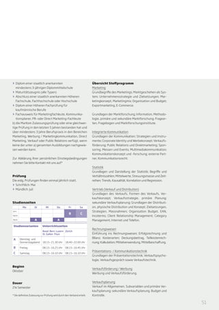 >> Diplom einer staatlich anerkannten                                    Übersicht Stoffprogramm
   mindestens 3-jährigen Diplommittelschule                              Marketing
>> Maturitätszeugnis (alle Typen)                                        Grundbegriffe des Marketings; Marktgeschehen als Sys-
>> Abschluss einer staatlich anerkannten Höheren                         tem; Unternehmensstrategie und Zielsetzungen; Mar-
   Fachschule, Fachhochschule oder Hochschule                            ketingkonzept, Marketingmix; Organisation und Budget;
>> Diplom einer Höheren Fachprüfung für                                  Exportmarketing, E-Commerce.
   kaufmännische Berufe
>> Fachausweis für Marketingfachleute, Kommunika­                        Grundlagen der Marktforschung; Information, Methodo-
   tionsplaner, PR- oder Direct Marketing-Fachleute                      logie, primäre und sekundäre Marktforschung; Fragear-
b) die MarKom Zulassungsprüfung oder eine gleichwer-                     ten, Fragebogen und Marktforschungsinstitute.
tige Prüfung in den letzten 5 Jahren bestanden hat und
über mindestens 3 Jahre Berufspraxis in den Bereichen                    Integrierte Kommunikation
Marketing, Werbung / Marketingkommunikation, Direct                      Grundlagen der Kommunikation; Strategien und Instru-
Marketing, Verkauf oder Public Relations verfügt, wenn                   mente; Corporate Identity und Werbekonzept; Verkaufs-
keine der unter a) genannten Ausbildungen nachgewie-                     förderung; Public Relations und Direktmarketing; Spon-
sen werden kann.                                                         soring, Messen und Events; Multimediakommunikation;
                                                                         Kommunikationskonzept und -forschung; externe Part-
Zur Abklärung Ihrer persönlichen Einstiegsbedingungen                    ner, Kommunikationsrecht.
nehmen Sie bitte Kontakt mit uns auf.*
                                                                         Statistik
                                                                         Grundlagen und Darstellung der Statistik; Begriffe und
Prüfung                                                                  Verhältniszahlen; Mittelwerte, Streuungsmasse und Zeit­
Die eidg. Prüfungen finden einmal jährlich statt.                        reihen; Trends, Kausalität, Korrelation und Regression.
>> Schriftlich: Mai
>> Mündlich: Juli                                                        Vertrieb (Verkauf und Distribution)
                                                                         Grundlagen des Verkaufs, Formen des Verkaufs, Ver-
                                                                         kaufskonzept; Verkaufsstrategie, primäre Planung;
Studienzeiten                                                            sekundäre Verkaufsplanung; Grundlagen der Distributi-
           Mo        Di        Mi         Do         Fr         Sa       on, physische Distribution und Konzept; Zielsetzungen,
Vorm.                                                                    Strategien, Massnahmen; Organisation Budget, EAN,
                                                     B          C
Nachm.                                                                   Incoterms; Client Relationship Management; Category
Abend                A                    A                              Management, Internet und Telefon.
Studienvarianten            Unterrichtszeiten
                                                                         Rechnungswesen
                            Basel Bern Luzern Zürich
                            St. Gallen Thun                              Einführung ins Rechnungswesen; Erfolgsrechnung und
                                                                         Bilanz; Kostenarten; Deckungsbeitrag, Teilkostenrech-
A        Dienstag- und
         Donnerstagabend    18.15—21.30 Uhr       18.40—22.00 Uhr        nung; Kalkulation; Mittelverwendung, Mittelbeschaffung.
B        Freitag            08.15—16.25 Uhr       08.15—16.45 Uhr
                                                                         Präsentations- / Kommunikationstechnik
C        Samstag            08.15—16.10 Uhr       08.15—16.10 Uhr
                                                                         Grundlagen der Präsentationstechnik; Verkaufspsycho-
                                                                         logie, Verkaufsgespräch sowie Verkaufstechnik.

Beginn
                                                                         Verkaufsförderung / Werbung
Oktober
                                                                         Werbung und Verkaufsförderung.


Dauer                                                                    Verkaufsplanung
2¼ Semester                                                              Verkauf im Allgemeinen, Subvariablen und primäre Ver-
                                                                         kaufsplanung; sekundäre Verkaufsplanung, Budget und
* Die definitive Zulassung zur Prüfung wird durch den Verband erteilt.   Kontrolle.

                                                                                                                                   51
 