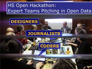 HS Open Hackathon:
Expert Teams Pitching in Open Data

 DESIGNERS

        JOURNALISTS


             CODERS
 