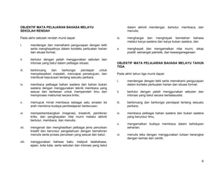 OBJEKTIF MATA PELAJARAN BAHASA MELAYU                                    dalam aktiviti mendengar, bertutur, membaca, dan
SEKOLAH RENDAH                                                           menulis;

Pada akhir sekolah rendah murid dapat:                            ix.    menghargai dan menghayati keindahan bahasa
                                                                         melalui karya sastera dan karya bukan sastera; dan
i.      mendengar dan memahami pengucapan dengan teliti
        serta menghayatinya dalam konteks perbualan harian        x.     menghayati dan mengamalkan nilai murni, sikap
        dan situasi formal;                                              positif, semangat patriotik, dan kewarganegaraan.

ii.     bertutur dengan petah menggunakan sebutan dan
        intonasi yang betul dalam pelbagai situasi;               OBJEKTIF MATA PELAJARAN BAHASA MELAYU TAHUN
                                                                  TIGA
iii.    berbincang   dan    berkongsi   pendapat   untuk
        menyelesaikan masalah, mencapai persetujuan, dan          Pada akhir tahun tiga murid dapat:
        membuat keputusan tentang sesuatu perkara;
                                                                  i.     mendengar dengan teliti serta memahami pengucapan
iv.     membaca pelbagai bahan sastera dan bahan bukan                   dalam konteks perbualan harian dan situasi formal;
        sastera dengan menggunakan teknik membaca yang
        sesuai dan berkesan untuk memperoleh ilmu dan             ii.    bertutur dengan petah menggunakan sebutan dan
        memproses maklumat secara kritis;                                intonasi yang betul secara bertatasusila;

v.      memupuk minat membaca sebagai satu amalan ke              iii.   berbincang dan berkongsi pendapat tentang sesuatu
        arah membina budaya pembelajaran berterusan;                     perkara;

vi.     memperkembangkan imaginasi, kreativiti, pemikiran         iv.    membaca pelbagai bahan sastera dan bukan sastera
        kritis, dan penghayatan nilai murni melalui aktiviti             yang berunsur ilmu;
        bertutur, membaca, dan menulis;
                                                                  v.     mengamalkan budaya membaca dalam kehidupan
vii.    mengenali dan menghasilkan pelbagai jenis penulisan              seharian;
        kreatif dan berunsur pengetahuan dengan kemahiran
        menulis serta proses penulisan yang sesuai dan betul;     vi.    menulis teks dengan menggunakan tulisan berangkai
                                                                         dengan kemas dan cantik;
viii.   menggunakan bahasa baku meliputi tatabahasa,
        ejaan, kota kata, serta sebutan dan intonasi yang betul




                                                                                                                         6
 