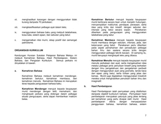 vii.    menghasilkan karangan dengan menggunakan tidak             Kemahiran Bertutur merujuk kepada keupayaan
        kurang daripada 70 perkataan;                              murid berbicara secara lisan untuk menjalin hubungan,
                                                                   menyampaikan maklumat, pendapat, perasaan, serta
viii.   mengklasifikasikan pelbagai ayat dalam teks;               idea yang kritis dan kreatif, dengan sebutan dan
                                                                   intonasi yang betul secara sopan.          Penekanan
ix.     menggunakan bahasa baku yang meliputi tatabahasa,          diberikan pada pengucapan yang menggunakan
        kosa kata, sistem ejaan, dan sebutan yang betul;           tatabahasa yang betul.

x.      mengamalkan nilai murni, sikap positif dan semangat        Kemahiran Membaca merujuk kepada keupayaan
        patriotisme.                                               murid membaca dengan sebutan, intonasi, jeda, dan
                                                                   kelancaran yang betul. Penekanan perlu diberikan
                                                                   pada aspek pemahaman dan penaakulan pelbagai
ORGANISASI KURIKULUM                                               bahan ilmu dan sastera secara kritis dengan
                                                                   menggunakan pelbagai teknik bacaan. Di samping itu,
Kandungan Huraian Sukatan Pelajaran Bahasa Melayu ini              murid berupaya menghayati teks yang dibaca.
meliputi Kemahiran Bahasa, Hasil Pembelajaran, Sistem
Bahasa, dan Pengisian Kurikulum.   Semua perkara ini               Kemahiran Menulis merujuk kepada keupayaan murid
dinyatakan di bawah:                                               menulis perkataan dan ayat, serta mengeluarkan idea
                                                                   melalui pelbagai jenis penulisan kreatif yang berkaitan
                                                                   dengan ilmu pengetahuan dan pengalaman peribadi
a.      Kemahiran Bahasa                                           dengan menggunakan ayat yang gramatis, tanda baca
                                                                   dan ejaan yang betul, serta tulisan yang jelas dan
        Kemahiran Bahasa meliputi kemahiran mendengar,             kemas. Murid juga digalakkan menggunakan kreativiti
        kemahiran bertutur, kemahiran membaca, dan                 mereka untuk menghasilkan penulisan bahan ilmu dan
        kemahiran menulis. Kemahiran Bahasa ini merupakan          imaginatif.
        teras kepada penguasaan bahasa baku.
                                                              b.   Hasil Pembelajaran
        Kemahiran Mendengar merujuk kepada keupayaan
        murid mendengar dengan teliti, memahami, dan               Hasil Pembelajaran ialah pernyataan yang ditafsirkan
        menghayati perkara yang didengar dalam pelbagai            daripada objektif kurikulum bahasa. Pernyataan hasil
        situasi pengucapan, serta dapat memberikan maklum          pembelajaran merupakan petunjuk yang jelas tentang
        balas.                                                     set kemahiran yang perlu dicapai oleh murid. Hasil
                                                                   pembelajaran      dibina    dengan   menyepadukan
                                                                   penggunaan bahasa, kemahiran bahasa, sistem




                                                                                                                        7
 
