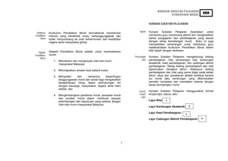 HURAIAN SUKATAN PELAJARAN
                                                                                                                                  KBSR
                                                                                                     PENDIDIKAN MORAL


                                                                                     HURAIAN SUKATAN PELAJARAN

                                                                           Tujuan    Huraian Sukatan Pelajaran disediakan untuk
 Matlamat     Kurikulum Pendidikan Moral bermatlamat membentuk
Pendidikan    individu yang berakhlak mulia, bertanggungjawab dan                    membantu guru merancang aktiviti dan menghasilkan
     Moral    boleh menyumbang ke arah keharmonian dan kestabilan                    bahan pengajaran dan pembelajaran yang sesuai
              negara serta masyarakat global.                                        dengan tahap kematangan murid. Buku ini juga
                                                                                     menyediakan penerangan untuk membantu guru
                                                                                     melaksanakan kurikulum Pendidikan Moral dalam
              Objektif Pendidikan Moral adalah untuk membolehkan                     bilik darjah dengan berkesan.
   Objektif
Pendidikan    murid:
                                                                       Penerangan    Huraian Sukatan Pelajaran mengandungi bidang
     Moral
                                                                             Lajur   pembelajaran, nilai, penerangan nilai, kandungan
                 1. Memahami dan menghayati nilai-nilai murni
                    masyarakat Malaysia;                                             akademik, hasil pembelajaran, dan cadangan aktiviti
                                                                                     pembelajaran. Setiap bidang pembelajaran dan nilai
                 2. Meningkatkan amalan budi pekerti mulia;                          diperincikan mengikut tahun. Walaupun bidang
                                                                                     pembelajaran dan nilai yang sama diajar pada setiap
                 3. Menyedari     dan     menerima       kepentingan                 tahun, skop dan penekanan adalah berbeza kerana
                    tanggungjawab moral dan sosial bagi mengekalkan                  isu moral atau kandungan yang dikemukakan
                    kesejahteraan hidup dalam perhubungan diri                       semakin kompleks dan mendalam selaras dengan
                    dengan keluarga, masyarakat, negara serta alam                   tahap kematangan murid.
                    sekitar; dan
                                                                           Format    Huraian Sukatan Pelajaran menggunakan format
                 4. Mengembangkan pemikiran moral, perasaan moral          Empat     empat lajur utama, iaitu :
                                                                             Lajur
                    dan amalan moral dalam membuat sesuatu
                    pertimbangan dan keputusan yang selaras dengan                   Lajur Nilai   1
                    nilai-nilai murni masyarakat Malaysia.
                                                                                     Lajur Kandungan Akademik         2

                                                                                     Lajur Hasil Pembelajaran
                                                                                                                  3
                                                                                     Lajur Cadangan Aktiviti Pembelajaran     4




                                                                   3
 