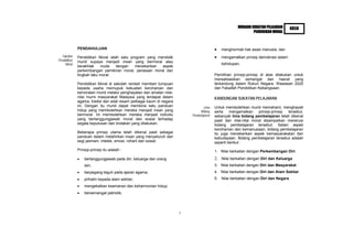 HURAIAN SUKATAN PELAJARAN      KBSR
                                                                                                              PENDIDIKAN MORAL



             PENDAHULUAN                                                                   menghormati hak asasi manusia; dan
  Takrifan   Pendidikan Moral ialah satu program yang mendidik                             mengamalkan prinsip demokrasi dalam
Pendidikan   murid supaya menjadi insan yang bermoral atau
     Moral                                                                                 kehidupan.
             berakhlak    mulia   dengan   menekankan   aspek
             perkembangan pemikiran moral, perasaan moral dan
             tingkah laku moral.                                                        Pemilihan prinsip-prinsip di atas dilakukan untuk
                                                                                        merealisasikan semangat dan hasrat yang
             Pendidikan Moral di sekolah rendah memberi tumpuan                         terkandung dalam Rukun Negara, Wawasan 2020
             kepada usaha memupuk kekuatan kerohanian dan                               dan Falsafah Pendidikan Kebangsaan.
             kemoralan murid melalui penghayatan dan amalan nilai-
             nilai murni masyarakat Malaysia yang terdapat dalam                        KANDUNGAN SUKATAN PELAJARAN
             agama, tradisi dan adat resam pelbagai kaum di negara
             ini. Dengan itu murid dapat membina satu panduan                   Lima    Untuk membolehkan murid memahami, menghayati
             hidup yang membolehkan mereka menjadi insan yang                 Bidang    serta    mengamalkan     prinsip-prinsip tersebut,
             bermoral. Ini membolehkan mereka menjadi individu           Pembelajaran   sebanyak lima bidang pembelajaran telah dikenal
             yang bertanggungjawab moral dan sosial terhadap                            pasti dan nilai-nilai moral disampaikan menerusi
             segala keputusan dan tindakan yang dilakukan.                              bidang pembelajaran tersebut. Selain aspek
                                                                                        kerohanian dan kemanusiaan, bidang pembelajaran
             Beberapa prinsip utama telah dikenal pasti sebagai                         itu juga menekankan aspek kemasyarakatan dan
             panduan dalam melahirkan insan yang menyeluruh dari                        kebudayaan. Bidang pembelajaran tersebut adalah
             segi jasmani, intelek, emosi, rohani dan sosial.                           seperti berikut :
             Prinsip-prinsip itu adalah :                                               1. Nilai berkaitan dengan Perkembangan Diri.
                 bertanggungjawab pada diri, keluarga dan orang                         2. Nilai berkaitan dengan Diri dan Keluarga
                 lain;                                                                  3. Nilai berkaitan dengan Diri dan Masyarakat
                 berpegang teguh pada ajaran agama;                                     4. Nilai berkaitan dengan Diri dan Alam Sekitar
                 prihatin kepada alam sekitar;                                          5. Nilai berkaitan dengan Diri dan Negara

                 mengekalkan keamanan dan keharmonian hidup;
                 bersemangat patriotik;




                                                                     1
 