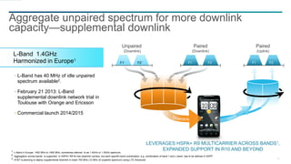 10
Aggregate unpaired spectrum for more downlink
capacity—supplemental downlink
LEVERAGES HSPA+ R9 MULTICARRIER ACROSS BANDS1,
EXPANDED SUPPORT IN R10 AND BEYOND
F2’ F1 F1F1’ F2 F2
Paired
(Downlink)
Paired
(Uplink)
Unpaired
(Downlink)
L-Band 1.4GHz
Harmonized in Europe1
L-Band has 40 MHz of idle unpaired
spectrum available2.
February 21 2013: L-Band
supplemental downlink network trial in
Toulouse with Orange and Ericsson
Commercial launch 2014/2015
1 L-Band in Europe: 1452 MHz to 1492 MHz, sometimes referred to as 1.4GHz or 1.5GHz spectrum.
2 Aggregation across bands is supported in HSPA+ R9 for two downlink carriers, but each specific band combination, e.g. combination of band 1 and L-band, has to be defined in 3GPP.
3 AT&T is planning to deploy supplemental downlink in lower 700 MHz (12 MHz of unpaired spectrum) using LTE Advanced.
 