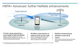 14
HSPA+ Advanced: further HetNets enhancements
Multiflow optimizations to
balance load across cells
Such as mobility support to switch from
dual-carrier to multiflow in the region
where up/downlink are imbalanced
Further range expansion—
even better small cell offload
Mitigate up/downlink imbalances—such as
extended range/reconfiguring of power offsets and
further enhanced advanced receivers
Mobility enhancements
between small cell &
macro
Such as further enhanced serving cell change
procedures, and load based serving cell
change
MacroSmall Cell
Multiflow
Device
Range Expansion
Reduce second carrier
Macro Power
Carrier F2
Carrier F1
Note: All these are 3GPP R12 study items. In addition, Self-Organizing Networks (SON) techniques and are standardized in R10, such as Minimization of Drive Tests (MDT)
and Automatic Neighbor Relation (ANR) with continued enhancements in R11 and beyond
 