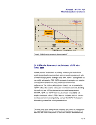 Release 7 HSPA+ For
Mobile Broadband Evolution
2/2009 page 12
Figure 9: R8 Multicarrier capacity vs. latency tradeoff
6
[8] HSPA+ is the natural evolution of HSPA at a
lower cost
HSPA+ provides an excellent technology evolution path from HSPA
enabling operators to maximize their return on existing investments with
commercial deployments starting in early 2009. HSPA+ is designed to be
compatible with existing R99, R5/R6 devices and networks, and uses the
same spectrum and network resources to deliver enhanced
performance. The existing radio and core network can be upgraded to
HSPA+ without the need for adding any new network elements. Existing
WCDMA and new HSPA+ devices can roam seamlessly between
WCDMA, HSPA and HSPA+ networks. Backward compatibility will
enable operators to roll out HSPA+ features in phases, without concern
about device/network incompatibility. Many of the HSPA+ features are
software upgrades to the existing base stations.
6
The bursty nature means that a multicarrier can support more users at the same response
time for partially loaded carriers. The gain depends on the load and can exceed 100% for
fewer users (less loaded carrier) but less for many users (starting to resemble full buffer).
 