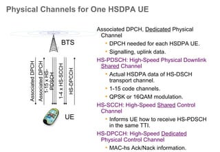 Iub
Iur
Iub
RNC
• The HS-DSCH functionality should be able to
operate in an environment where certain cells
are not updated with HS-DSCH functionality.
The PDCP, RLC are unchanged from the
Release '99
• On MAC –d –layer in RNC no TTI specific
TTI is required
•.RLC can operate only in either AM or UM
mode.
• PDCP can be configured either to perform or
not to perform header compression.
• MAC-d is retained in the S-RNC. Transport
channel type switching is therefore feasible.
• RRM / RRC functions are performed in RNC
BTS
• The new functionalities of
hybrid ARQ and HS-DSCH
scheduling are included in the
MAC layer. In the UTRAN these
functions are included in a new
entity called MAC-hs located in
Node B.
• Flow control between BTS and
RNC is supervised in BTS
•The transport channel that the
HS-DSCH functionality uses is
called HS-DSCH (High Speed
Downlink Shared Channel) and
is controlled by the MAC-hs.
Iub interface
• One Iub HS-DSCH data stream is
carried on one transport bearer. For
each HS-DSCH data stream I.e.
MAC-s flow, a transport bearer must
be established over the Iub interface.
Iur interface
• in Nokia’s implementation no
HSDPA traffic is supported
over Iur interface
HSDPA General Functional Division over RAN
 