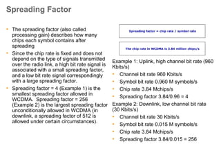 Air interface – Spreading
The number of chips per data symbol is called the Spreading Factor
(SF). The lower the spreading factor the higher the data rate. SF
value varies in FDD from 4 to 512.
•
                                                                                                    
 