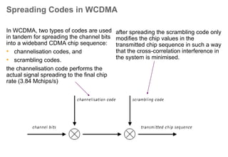 Channelisation codes
• Channelisation codes are very
important in downlink, since they are
used for multiplexing (at the
transmitter) and separating (at the
receiver) the signals intended for
different terminals.
• In uplink, channelisation codes are
used for multiplexing the data and
control channel (DPDCH and
DPCCH) signals transmitted from a
single terminal.
• In both directions, the channelisation
codes are employed for spreading the
channel bits to the final chip rate of
3.84 Mchips/s.
• The required bit rate - and thus the
spreading factor - of some services
may change over time. The
transmitter takes care of changes in
the spreading factor among others by
changing the channelisation code.
• The channelisation codes are based
on the Orthogonal Variable Spreading
Factor (OVSF) technique, which
allows the spreading factor to be
changed without disrupting the
orthogonality between different codes
of different lengths simultaneously in
use.
 