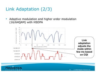 Link Adaptation (2/3)

 Adaptive modulation and higher order modulation
  (16/64QAM) with HSDPA
                                                16
          In sta n ta n e o u s E sN o [d B ]




                                                14
                                                12
                                                10
                                                 8
                                                 6
                                                 4
                                                 2
                                                 0
                                                                                                                                             Link
                                                -2                                                                                        adaptation
                                                     0   20   40        60           80            1 00   1 20   1 40   1 60
                                                                   Tim e [n u m b e r o f TTIs ]                                          adjusts the
     1 6 Q A M 3 /4
                                                                                                                                         mode within
     1 6 Q A M 2 /4
                                                                                                                                        few ms based
        Q P S K 3 /4
                                                                                                                                           on CQI
        Q P S K 2 /4
        Q P S K 1 /4




                                                                                                                               18   © 2008 Magister Solutions Ltd
 