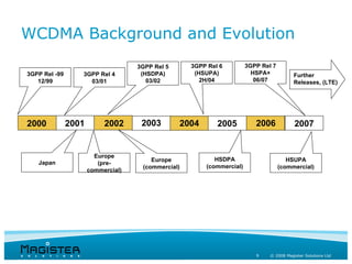 WCDMA Background and Evolution
                                    3GPP Rel 5      3GPP Rel 6         3GPP Rel 7
3GPP Rel -99      3GPP Rel 4         (HSDPA)         (HSUPA)             HSPA+            Further
   12/99            03/01              03/02           2H/04              06/07           Releases, (LTE)




2000           2001        2002      2003        2004       2005          2006            2007


                        Europe
                                        Europe             HSDPA                       HSUPA
   Japan                 (pre-
                                     (commercial)       (commercial)                (commercial)
                      commercial)




                                                                          9    © 2008 Magister Solutions Ltd
 