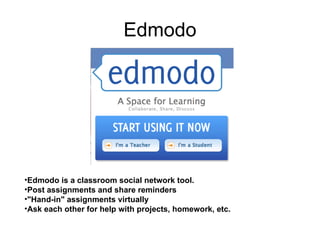 Edmodo Edmodo is a classroom social network tool.  Post assignments and share reminders "Hand-in" assignments virtually Ask each other for help with projects, homework, etc. 