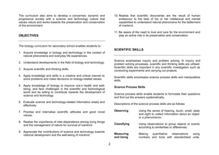 The curriculum also aims to develop a concerned, dynamic and             10. Realise that scientific discoveries are the result of human
progressive society with a science and technology culture that               endeavour to the best of his or her intellectual and mental
values nature and works towards the preservation and conservation            capabilities to understand natural phenomena for the betterment
of the environment.                                                          of mankind.

                                                                         11. Be aware of the need to love and care for the environment and
OBJECTIVES                                                                   play an active role in its preservation and conservation.


The biology curriculum for secondary school enables students to:
                                                                         SCIENTIFIC SKILLS
1. Acquire knowledge in biology and technology in the context of
   natural phenomena and everyday life experiences.
                                                                         Science emphasises inquiry and problem solving. In inquiry and
2. Understand developments in the field of biology and technology.
                                                                         problem solving processes, scientific and thinking skills are utilised.
                                                                         Scientific skills are important in any scientific investigation such as
3. Acquire scientific and thinking skills.
                                                                         conducting experiments and carrying out projects.
4. Apply knowledge and skills in a creative and critical manner to
                                                                         Scientific skills encompass science process skills and manipulative
   solve problems and make decisions on biology-related issues.
                                                                         skills.
5. Apply knowledge of biology to improve one’ health and well-
                                               s                         Science Process Skills
   being, and face challenges in the scientific and technological
   world and be willing to contribute towards the development of
                                                                         Science process skills enable students to formulate their questions
   science and technology.
                                                                         and find out the answers systematically.
6. Evaluate science and technology-related information wisely and
                                                                         Descriptions of the science process skills are as follows:
   effectively.

7. Practise and internalise scientific attitudes and good moral          Observing           Using the sense of hearing, touch, smell, taste
   values.                                                                                   and sight to collect information about an object
                                                                                             or a phenomenon.
8. Realise the importance of inter-dependence among living things
   and the management of nature for survival of mankind.                 Classifying         Using observations to group objects or events
                                                                                             according to similarities or differences.
9. Appreciate the contributions of science and technology towards
   national development and the well-being of mankind.                   Measuring           Making  quantitative  observations  using
                                                                         and Using           numbers and tools with standardised units.

                                                                     2
 