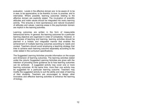 evaluation. Levels in the affective domain are: to be aware of, to be
in awe, to be appreciative, to be thankful, to love, to practise, and to
internalise. Where possible, learning outcomes relating to the
affective domain are explicitly stated. The inculcation of scientific
attitudes and noble values should be integrated into every learning
activity. This ensures a more spontaneous and natural inculcation
of attitudes and values. Learning areas in the psychomotor domain
are implicit in the learning activities.

Learning outcomes are written in the form of measurable
behavioural terms. In general, the learning outcomes for a particular
learning objective are organised in order of complexity. However, in
the process of teaching and learning, learning activities should be
planned in a holistic and integrated manner that enables the
achievement of multiple learning outcomes according to needs and
context. Teachers should avoid employing a teaching strategy that
tries to achieve each learning outcome separately according to the
order stated in the curriculum specifications.

The Suggested Learning Activities provide information on the scope
and dimension of learning outcomes. The learning activities stated
under the column Suggested Learning Activities are given with the
intention of providing some guidance as to how learning outcomes
can be achieved. A suggested activity may cover one or more
learning outcomes. At the same time, more than one activity may
be suggested for a particular learning outcome. Teachers may
modify the suggested activity to suit the ability and style of learning
of their students. Teachers are encouraged to design other
innovative and effective learning activities to enhance the learning
of biology.




                                                                           12
 
