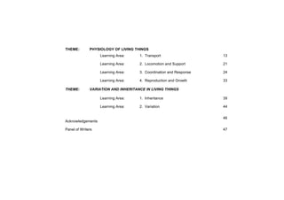 THEME:        PHYSIOLOGY OF LIVING THINGS
                   Learning Area:    1. Transport                   13

                   Learning Area:    2. Locomotion and Support      21

                   Learning Area:    3. Coordination and Response   24

                   Learning Area:    4. Reproduction and Growth     33

THEME:        VARIATION AND INHERITANCE IN LIVING THINGS

                   Learning Area:    1. Inheritance                 39

                   Learning Area:    2. Variation                   44


                                                                    46
Acknowledgements

Panel of Writers                                                    47
 