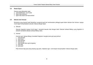 Huraian Sukatan Pelajaran Bahasa Melayu Kelas Peralihan



2.0   Sistem Ejaan

      Perkara yang ditekankan ialah:
      a. pola keselarasan huruf vokal
      b. ejaan kata pinjaman
      c. ejaan kata dasar dan kata terbitan


3.0   Sebutan dan Intonasi

      Kemahiran yang dipupuk ialah kebolehan mengenal pasti dan membezakan pelbagai aspek dalam sebutan dan intonasi supaya
      murid dapat menyampaikan sesuatu maksud dengan tepat.

      a. Sebutan

         Sebutan diajarkan supaya murid dapat menyebut sesuatu kata dengan betul. Sebutan bahasa Melayu yang diajarkan di
         sekolah hendaklah sebutan bahasa Melayu baku.

      b. Intonasi

         Intonasi ayat bahasa Melayu hendaklah diajarkan mengikut pola ayat yang berikut:
         i. ayat penyata
         ii. ayat tanya
         iii. ayat perintah
         iv. ayat seruan
         v. ayat terbalik atau ayat songsang
         vi. ayat aktif
         vii. ayat pasif

         Pola intonasi bagi ayat yang panjang juga perlu diajarkan agar murid dapat menyampaikan maksud dengan jelas.




                                                                   8
 