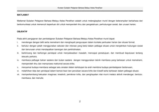 Huraian Sukatan Pelajaran Bahasa Melayu Kelas Peralihan



MATLAMAT

Matlamat Sukatan Pelajaran Bahasa Melayu Kelas Peralihan adalah untuk melengkapkan murid dengan keterampilan berbahasa dan
berkomunikasi untuk memenuhi keperluan diri untuk memperoleh ilmu dan pengetahuan, perhubungan sosial, dan urusan harian.


OBJEKTIF


Pada akhir pengajaran dan pembelajaran Sukatan Pelajaran Bahasa Melayu Kelas Peralihan murid dapat:
i.     mendengar dengan teliti serta memahami dan menghayati pengucapan dalam konteks perbualan harian dan situasi formal;
ii.    bertutur dengan petah menggunakan sebutan dan intonasi yang betul dalam pelbagai situasi untuk menjalinkan hubungan sosial
       dan berurusan untuk mendapatkan barangan dan perkhidmatan;
iii.   berbincang dan berkongsi pendapat untuk menyelesaikan masalah, mencapai persetujuan, dan membuat keputusan tentang
       sesuatu perkara;
iv.    membaca pelbagai bahan sastera dan bukan sastera dengan menggunakan teknik membaca yang berkesan untuk memahami,
       memperoleh ilmu dan memproses maklumat secara kritis;
v.     menyemai budaya membaca sebagai satu amalan dalam kehidupan ke arah membina budaya pembelajaran berterusan;
vi.    melahirkan idea dan pendapat dalam bentuk lisan dan penulisan secara kritis dan kreatif serta berkesan dalam pelbagai situasi;
vii. memperkembang kekuatan imaginasi, kreativiti, pemikiran kritis, dan penghayatan nilai murni melalui aktiviti mendengar, bertutur,
       membaca, dan menulis;




                                                                       2
 