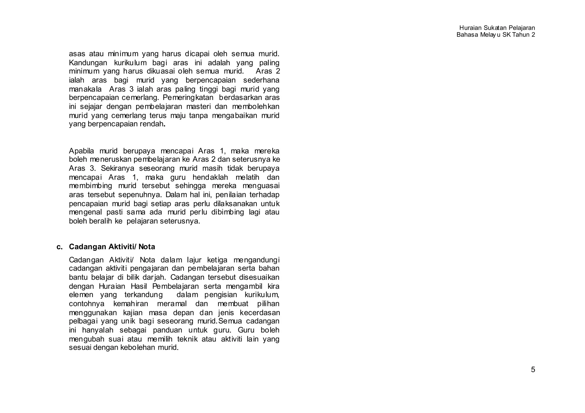 Huraian Sukatan Pelajaran
                                                                   Bahasa Melay u SK Tahun 2


   asas atau minimum yang harus dicapai oleh semua murid.
   Kandungan kurikulum bagi aras ini adalah yang paling
   minimum yang harus dikuasai oleh semua murid.     Aras 2
   ialah aras bagi murid yang berpencapaian sederhana
   manakala Aras 3 ialah aras paling tinggi bagi murid yang
   berpencapaian cemerlang. Pemeringkatan berdasarkan aras
   ini sejajar dengan pembelajaran masteri dan membolehkan
   murid yang cemerlang terus maju tanpa mengabaikan murid
   yang berpencapaian rendah.


   Apabila murid berupaya mencapai Aras 1, maka mereka
   boleh meneruskan pembelajaran ke Aras 2 dan seterusnya ke
   Aras 3. Sekiranya seseorang murid masih tidak berupaya
   mencapai Aras 1, maka guru hendaklah melatih dan
   membimbing murid tersebut sehingga mereka menguasai
   aras tersebut sepenuhnya. Dalam hal ini, penilaian terhadap
   pencapaian murid bagi setiap aras perlu dilaksanakan untuk
   mengenal pasti sama ada murid per lu dibimbing lagi atau
   boleh beralih ke pelajaran seterusnya.


c. Cadangan Aktiviti/ Nota
   Cadangan Aktiviti/ Nota dalam lajur ketiga mengandungi
   cadangan aktiviti pengajaran dan pembelajaran serta bahan
   bantu belajar di bilik dar jah. Cadangan tersebut disesuaikan
   dengan Huraian Hasil Pembelajaran serta mengambil kira
   elemen yang terkandung           dalam pengisian kurikulum,
   contohnya kemahiran meramal dan membuat pilihan
   menggunakan kajian masa depan dan jenis kecerdasan
   pelbagai yang unik bagi seseorang murid.Semua cadangan
   ini hanyalah sebagai panduan untuk guru. Guru boleh
   mengubah suai atau memilih teknik atau aktiviti lain yang
   sesuai dengan kebolehan murid.

                                                                                           5
 