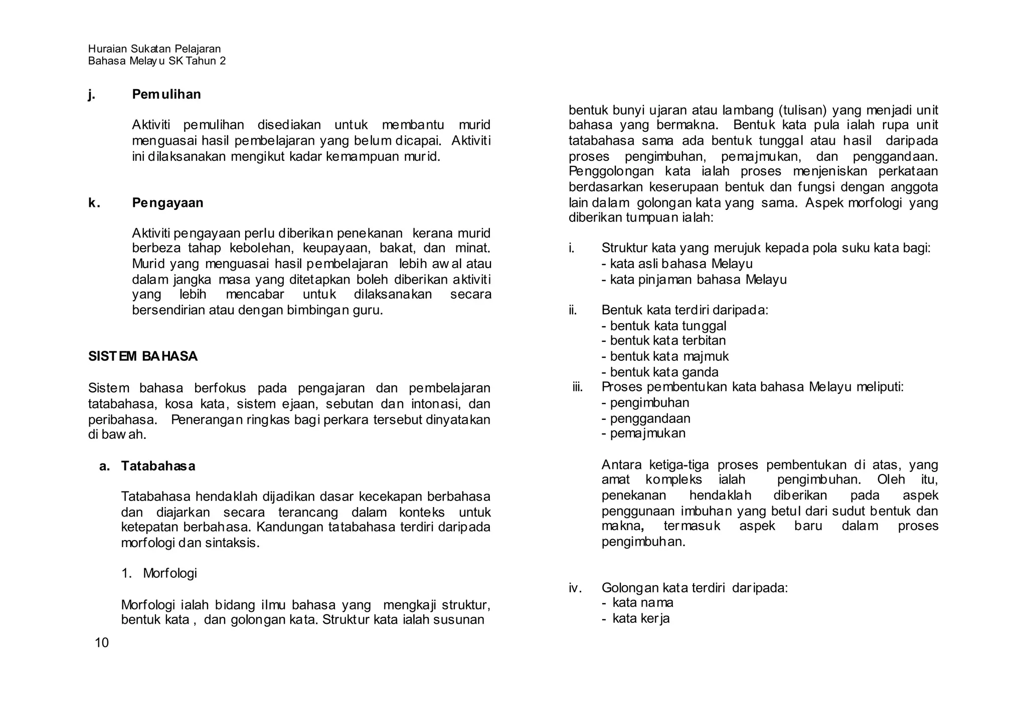 Huraian Sukatan Pelajaran
Bahasa Melay u SK Tahun 2


j.       Pem ulihan
                                                                      bentuk bunyi ujaran atau lambang (tulisan) yang menjadi unit
         Aktiviti pemulihan disediakan untuk membantu murid           bahasa yang bermakna. Bentuk kata pula ialah rupa unit
         menguasai hasil pembelajaran yang belum dicapai. Aktiviti    tatabahasa sama ada bentuk tunggal atau hasil daripada
         ini dilaksanakan mengikut kadar kemampuan mur id.            proses pengimbuhan, pemajmukan, dan penggandaan.
                                                                      Penggolongan kata ialah proses menjeniskan perkataan
                                                                      berdasarkan keserupaan bentuk dan fungsi dengan anggota
k.       Pengayaan                                                    lain dalam golongan kata yang sama. Aspek morfologi yang
                                                                      diberikan tumpuan ialah:
         Aktiviti pengayaan perlu diberikan penekanan kerana murid
         berbeza tahap kebolehan, keupayaan, bakat, dan minat.        i.      Struktur kata yang merujuk kepada pola suku kata bagi:
         Murid yang menguasai hasil pembelajaran lebih aw al atau             - kata asli bahasa Melayu
         dalam jangka masa yang ditetapkan boleh diberikan aktiviti           - kata pinjaman bahasa Melayu
         yang lebih mencabar untuk dilaksanakan secara
         bersendirian atau dengan bimbingan guru.                     ii.     Bentuk kata terdiri daripada:
                                                                              - bentuk kata tunggal
                                                                              - bentuk kata terbitan
SIST EM BAHASA                                                                - bentuk kata majmuk
                                                                              - bentuk kata ganda
Sistem bahasa berfokus pada pengajaran dan pembelajaran                iii.   Proses pembentukan kata bahasa Melayu meliputi:
tatabahasa, kosa kata, sistem ejaan, sebutan dan intonasi, dan                - pengimbuhan
peribahasa. Penerangan ringkas bagi perkara tersebut dinyatakan               - penggandaan
di baw ah.                                                                    - pemajmukan

     a. Tatabahasa                                                            Antara ketiga-tiga proses pembentukan di atas, yang
                                                                              amat kompleks ialah         pengimbuhan. Oleh itu,
       Tatabahasa hendaklah dijadikan dasar kecekapan berbahasa               penekanan     hendaklah    diberikan  pada    aspek
       dan diajarkan secara terancang dalam konteks untuk                     penggunaan imbuhan yang betul dari sudut bentuk dan
       ketepatan berbahasa. Kandungan tatabahasa terdiri daripada             makna, ter masuk aspek baru dalam proses
       morfologi dan sintaksis.                                               pengimbuhan.

       1. Morfologi
                                                                      iv.     Golongan kata terdiri dar ipada:
       Morfologi ialah bidang ilmu bahasa yang mengkaji struktur,             - kata nama
       bentuk kata , dan golongan kata. Struktur kata ialah susunan           - kata ker ja
 10
 