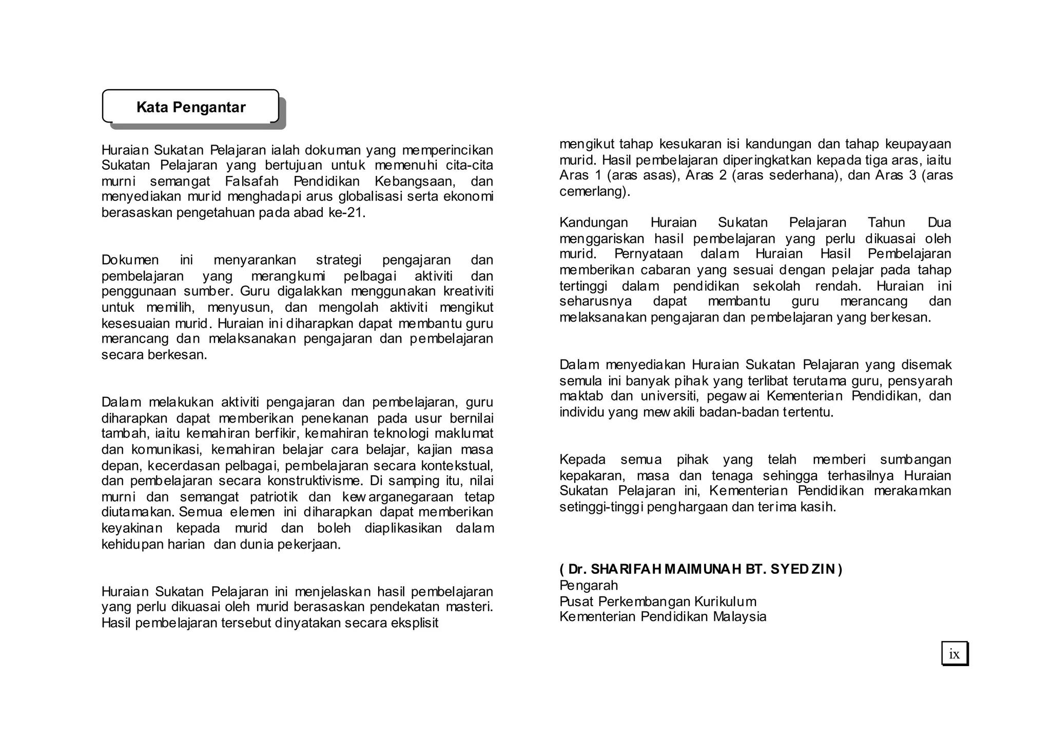 Kata Pengantar

Huraian Sukatan Pelajaran ialah dokuman yang memperincikan       mengikut tahap kesukaran isi kandungan dan tahap keupayaan
Sukatan Pelajaran yang bertujuan untuk memenuhi cita-cita        murid. Hasil pembelajaran diper ingkatkan kepada tiga aras, iaitu
murni semangat Falsafah Pendidikan Kebangsaan, dan               Aras 1 (aras asas), Aras 2 (aras sederhana), dan Aras 3 (aras
menyediakan mur id menghadapi arus globalisasi serta ekonomi     cemerlang).
berasaskan pengetahuan pada abad ke-21.
                                                                 Kandungan     Huraian  Sukatan   Pelajaran    Tahun    Dua
                                                                 menggariskan hasil pembelajaran yang perlu dikuasai oleh
Dokumen     ini  menyarankan strategi       pengajaran dan       murid. Pernyataan dalam Huraian Hasil Pembelajaran
pembelajaran yang merangkumi pelbagai aktiviti dan               memberikan cabaran yang sesuai dengan pelajar pada tahap
penggunaan sumber. Guru digalakkan menggunakan kreativiti        tertinggi dalam pendidikan sekolah rendah. Huraian ini
untuk memilih, menyusun, dan mengolah aktiviti mengikut          seharusnya    dapat   membantu   guru     merancang    dan
kesesuaian murid. Huraian ini diharapkan dapat membantu guru     melaksanakan pengajaran dan pembelajaran yang ber kesan.
merancang dan melaksanakan pengajaran dan pembelajaran
secara berkesan.
                                                                 Dalam menyediakan Huraian Sukatan Pelajaran yang disemak
                                                                 semula ini banyak pihak yang terlibat terutama guru, pensyarah
Dalam melakukan aktiviti pengajaran dan pembelajaran, guru       maktab dan universiti, pegaw ai Kementerian Pendidikan, dan
diharapkan dapat memberikan penekanan pada usur bernilai         individu yang mew akili badan-badan tertentu.
tambah, iaitu kemahiran berfikir, kemahiran teknologi maklumat
dan komunikasi, kemahiran belajar cara belajar, kajian masa
depan, kecerdasan pelbagai, pembelajaran secara kontekstual,     Kepada semua pihak yang telah memberi sumbangan
dan pembelajaran secara konstruktivisme. Di samping itu, nilai   kepakaran, masa dan tenaga sehingga terhasilnya Huraian
murni dan semangat patriotik dan kew arganegaraan tetap          Sukatan Pelajaran ini, Kementerian Pendidikan merakamkan
diutamakan. Semua elemen ini diharapkan dapat memberikan         setinggi-tinggi penghargaan dan ter ima kasih.
keyakinan kepada murid dan boleh diaplikasikan dalam
kehidupan harian dan dunia pekerjaan.
                                                                 ( Dr. SHARIFAH MAIMUNAH BT. SYED ZIN )
Huraian Sukatan Pelajaran ini menjelaskan hasil pembelajaran     Pengarah
yang perlu dikuasai oleh murid berasaskan pendekatan masteri.    Pusat Perkembangan Kurikulum
Hasil pembelajaran tersebut dinyatakan secara eksplisit          Kementerian Pendidikan Malaysia

                                                                                                                                 ix
 