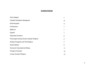 KANDUNGAN


Rukun Negara                                               v

Falsafah Pendidikan Kebangsaan                             vii

Kata Pengantar                                             ix

Pendahuluan                                                1

Matlamat                                                   1

Objektif                                                   1

Organisasi Kurikulum                                       2

Penerangan tentang Huraian Sukatan Pelajaran               4

Strategi Pengajaran dan Pembelajaran                       7

Sistem Bahasa                                              9

Komponen Kesusasteraan Melayu                              11

Pengisian Kurikulum                                        12

Huraian Sukatan Pelajaran                                  15




                                                                 iii
 