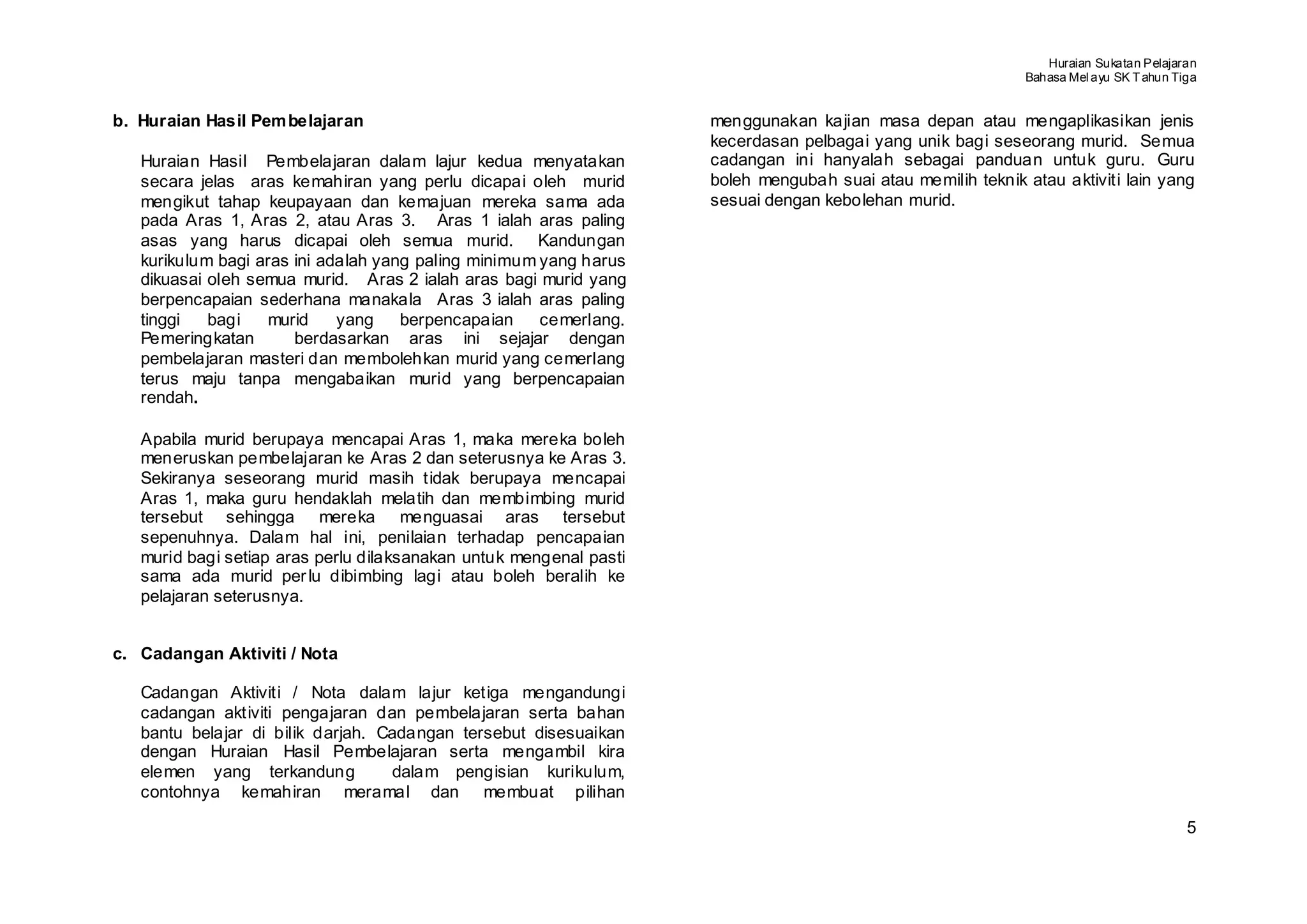 Huraian Sukatan Pelajaran
                                                                                                            Bahasa Mel ayu SK T ahun Tiga


b. Huraian Hasil Pem belajaran                                      menggunakan kajian masa depan atau mengaplikasikan jenis
                                                                    kecerdasan pelbagai yang unik bagi seseorang murid. Semua
   Huraian Hasil Pembelajaran dalam lajur kedua menyatakan          cadangan ini hanyalah sebagai panduan untuk guru. Guru
   secara jelas aras kemahiran yang perlu dicapai oleh murid        boleh mengubah suai atau memilih teknik atau aktiviti lain yang
   mengikut tahap keupayaan dan kemajuan mereka sama ada            sesuai dengan kebolehan murid.
   pada Aras 1, Aras 2, atau Aras 3. Aras 1 ialah aras paling
   asas yang harus dicapai oleh semua murid. Kandungan
   kurikulum bagi aras ini adalah yang paling minimum yang harus
   dikuasai oleh semua murid. Aras 2 ialah aras bagi murid yang
   berpencapaian sederhana manakala Aras 3 ialah aras paling
   tinggi   bagi    murid    yang    berpencapaian    cemerlang.
   Pemeringkatan       berdasarkan aras ini sejajar dengan
   pembelajaran masteri dan membolehkan murid yang cemerlang
   terus maju tanpa mengabaikan murid yang berpencapaian
   rendah.

   Apabila murid berupaya mencapai Aras 1, maka mereka boleh
   meneruskan pembelajaran ke Aras 2 dan seterusnya ke Aras 3.
   Sekiranya seseorang murid masih tidak berupaya mencapai
   Aras 1, maka guru hendaklah melatih dan membimbing murid
   tersebut sehingga mereka menguasai aras tersebut
   sepenuhnya. Dalam hal ini, penilaian terhadap pencapaian
   murid bagi setiap aras perlu dilaksanakan untuk mengenal pasti
   sama ada murid per lu dibimbing lagi atau boleh beralih ke
   pelajaran seterusnya.


c. Cadangan Aktiviti / Nota

   Cadangan Aktiviti / Nota dalam lajur ketiga mengandungi
   cadangan aktiviti pengajaran dan pembelajaran serta bahan
   bantu belajar di bilik darjah. Cadangan tersebut disesuaikan
   dengan Huraian Hasil Pembelajaran serta mengambil kira
   elemen yang terkandung           dalam pengisian kurikulum,
   contohnya kemahiran meramal dan membuat pilihan

                                                                                                                                       5
 