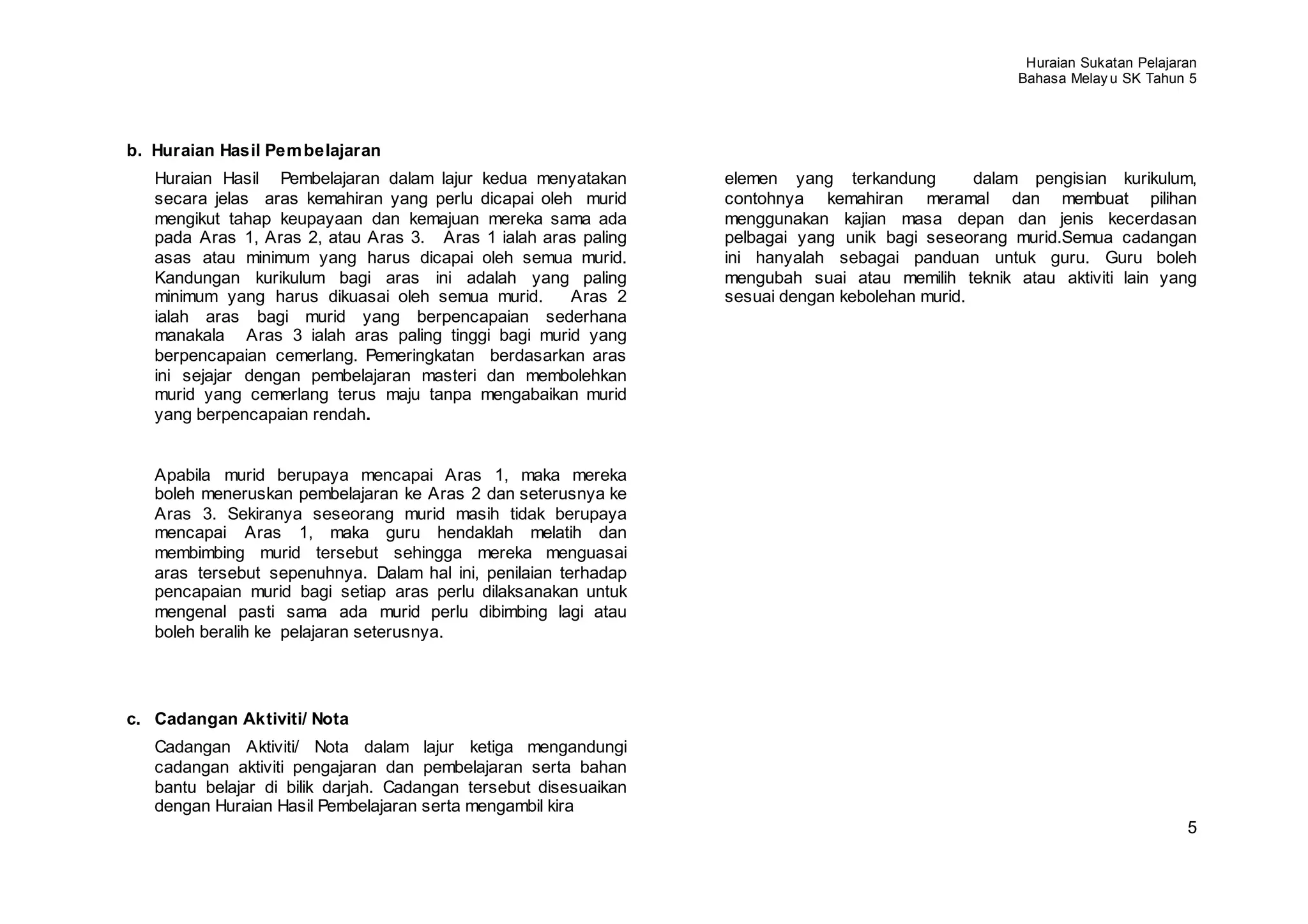 Huraian Sukatan Pelajaran
                                                                                                     Bahasa Melay u SK Tahun 5




b. Huraian Hasil Pem belajaran
   Huraian Hasil Pembelajaran dalam lajur kedua menyatakan        elemen yang terkandung         dalam pengisian kurikulum,
   secara jelas aras kemahiran yang perlu dicapai oleh murid      contohnya kemahiran meramal dan membuat pilihan
   mengikut tahap keupayaan dan kemajuan mereka sama ada          menggunakan kajian masa depan dan jenis kecerdasan
   pada Aras 1, Aras 2, atau Aras 3. Aras 1 ialah aras paling     pelbagai yang unik bagi seseorang murid.Semua cadangan
   asas atau minimum yang harus dicapai oleh semua murid.         ini hanyalah sebagai panduan untuk guru. Guru boleh
   Kandungan kurikulum bagi aras ini adalah yang paling           mengubah suai atau memilih teknik atau aktiviti lain yang
   minimum yang harus dikuasai oleh semua murid.      Aras 2      sesuai dengan kebolehan murid.
   ialah aras bagi murid yang berpencapaian sederhana
   manakala Aras 3 ialah aras paling tinggi bagi murid yang
   berpencapaian cemerlang. Pemeringkatan berdasarkan aras
   ini sejajar dengan pembelajaran masteri dan membolehkan
   murid yang cemerlang terus maju tanpa mengabaikan murid
   yang berpencapaian rendah.


   Apabila murid berupaya mencapai Aras 1, maka mereka
   boleh meneruskan pembelajaran ke Aras 2 dan seterusnya ke
   Aras 3. Sekiranya seseorang murid masih tidak berupaya
   mencapai Aras 1, maka guru hendaklah melatih dan
   membimbing murid tersebut sehingga mereka menguasai
   aras tersebut sepenuhnya. Dalam hal ini, penilaian terhadap
   pencapaian murid bagi setiap aras perlu dilaksanakan untuk
   mengenal pasti sama ada murid perlu dibimbing lagi atau
   boleh beralih ke pelajaran seterusnya.




c. Cadangan Aktiviti/ Nota
   Cadangan Aktiviti/ Nota dalam lajur ketiga mengandungi
   cadangan aktiviti pengajaran dan pembelajaran serta bahan
   bantu belajar di bilik darjah. Cadangan tersebut disesuaikan
   dengan Huraian Hasil Pembelajaran serta mengambil kira
                                                                                                                             5
 