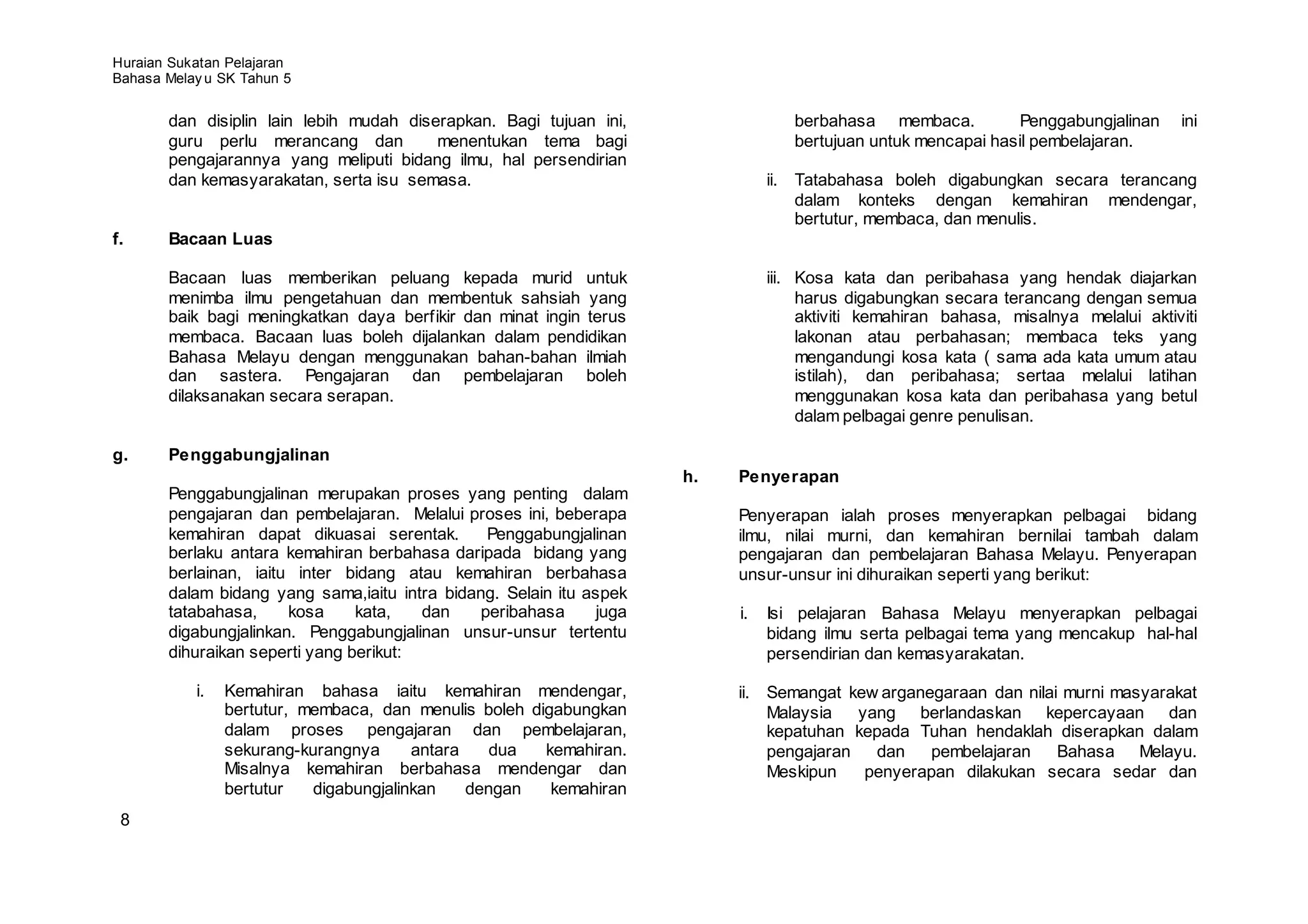 Huraian Sukatan Pelajaran
Bahasa Melay u SK Tahun 5


       dan disiplin lain lebih mudah diserapkan. Bagi tujuan ini,                  berbahasa membaca.           Penggabungjalinan     ini
       guru perlu merancang dan          menentukan tema bagi                      bertujuan untuk mencapai hasil pembelajaran.
       pengajarannya yang meliputi bidang ilmu, hal persendirian
       dan kemasyarakatan, serta isu semasa.                                    ii. Tatabahasa boleh digabungkan secara terancang
                                                                                    dalam konteks dengan kemahiran mendengar,
                                                                                    bertutur, membaca, dan menulis.
f.     Bacaan Luas

       Bacaan luas memberikan peluang kepada murid untuk                        iii. Kosa kata dan peribahasa yang hendak diajarkan
       menimba ilmu pengetahuan dan membentuk sahsiah yang                           harus digabungkan secara terancang dengan semua
       baik bagi meningkatkan daya berfikir dan minat ingin terus                    aktiviti kemahiran bahasa, misalnya melalui aktiviti
       membaca. Bacaan luas boleh dijalankan dalam pendidikan                        lakonan atau perbahasan; membaca teks yang
       Bahasa Melayu dengan menggunakan bahan-bahan ilmiah                           mengandungi kosa kata ( sama ada kata umum atau
       dan sastera. Pengajaran dan pembelajaran boleh                                istilah), dan peribahasa; sertaa melalui latihan
       dilaksanakan secara serapan.                                                  menggunakan kosa kata dan peribahasa yang betul
                                                                                     dalam pelbagai genre penulisan.

g.     Penggabungjalinan
                                                                      h.   Penyerapan
       Penggabungjalinan merupakan proses yang penting dalam
       pengajaran dan pembelajaran. Melalui proses ini, beberapa           Penyerapan ialah proses menyerapkan pelbagai bidang
       kemahiran dapat dikuasai serentak.       Penggabungjalinan          ilmu, nilai murni, dan kemahiran bernilai tambah dalam
       berlaku antara kemahiran berbahasa daripada bidang yang             pengajaran dan pembelajaran Bahasa Melayu. Penyerapan
       berlainan, iaitu inter bidang atau kemahiran berbahasa              unsur-unsur ini dihuraikan seperti yang berikut:
       dalam bidang yang sama,iaitu intra bidang. Selain itu aspek
       tatabahasa,     kosa     kata,   dan    peribahasa      juga        i.   Isi pelajaran Bahasa Melayu menyerapkan pelbagai
       digabungjalinkan. Penggabungjalinan unsur-unsur tertentu                 bidang ilmu serta pelbagai tema yang mencakup hal-hal
       dihuraikan seperti yang berikut:                                         persendirian dan kemasyarakatan.

           i.   Kemahiran bahasa iaitu kemahiran mendengar,                ii. Semangat kew arganegaraan dan nilai murni masyarakat
                bertutur, membaca, dan menulis boleh digabungkan               Malaysia   yang berlandaskan kepercayaan dan
                dalam proses pengajaran dan pembelajaran,                      kepatuhan kepada Tuhan hendaklah diserapkan dalam
                sekurang-kurangnya      antara    dua  kemahiran.              pengajaran   dan   pembelajaran    Bahasa Melayu.
                Misalnya kemahiran berbahasa mendengar dan                     Meskipun    penyerapan dilakukan secara sedar dan
                bertutur   digabungjalinkan    dengan   kemahiran
 8
 