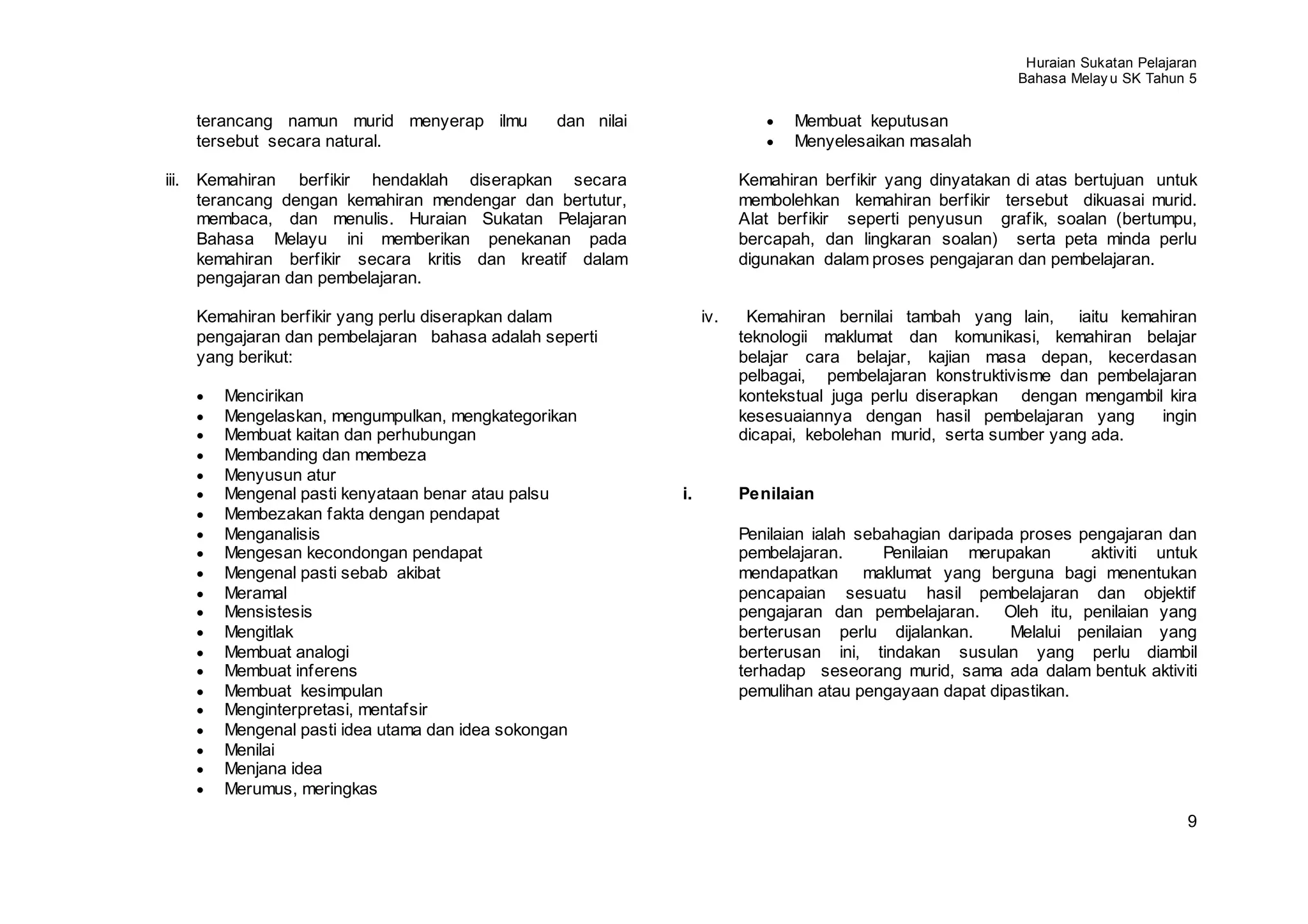 Huraian Sukatan Pelajaran
                                                                                                         Bahasa Melay u SK Tahun 5


   terancang namun murid menyerap ilmu         dan nilai                     Membuat keputusan
   tersebut secara natural.                                                  Menyelesaikan masalah

iii. Kemahiran berfikir hendaklah diserapkan secara                   Kemahiran berfikir yang dinyatakan di atas bertujuan untuk
     terancang dengan kemahiran mendengar dan bertutur,               membolehkan kemahiran berfikir tersebut dikuasai murid.
     membaca, dan menulis. Huraian Sukatan Pelajaran                  Alat berfikir seperti penyusun grafik, soalan (bertumpu,
     Bahasa Melayu ini memberikan penekanan pada                      bercapah, dan lingkaran soalan) serta peta minda perlu
     kemahiran berfikir secara kritis dan kreatif dalam               digunakan dalam proses pengajaran dan pembelajaran.
     pengajaran dan pembelajaran.

   Kemahiran berfikir yang perlu diserapkan dalam               iv.    Kemahiran bernilai tambah yang lain, iaitu kemahiran
   pengajaran dan pembelajaran bahasa adalah seperti                  teknologii maklumat dan komunikasi, kemahiran belajar
   yang berikut:                                                      belajar cara belajar, kajian masa depan, kecerdasan
                                                                      pelbagai, pembelajaran konstruktivisme dan pembelajaran
       Mencirikan                                                     kontekstual juga perlu diserapkan dengan mengambil kira
       Mengelaskan, mengumpulkan, mengkategorikan                     kesesuaiannya dengan hasil pembelajaran yang       ingin
       Membuat kaitan dan perhubungan                                 dicapai, kebolehan murid, serta sumber yang ada.
       Membanding dan membeza
       Menyusun atur
       Mengenal pasti kenyataan benar atau palsu           i.         Penilaian
       Membezakan fakta dengan pendapat
       Menganalisis                                                   Penilaian ialah sebahagian daripada proses pengajaran dan
       Mengesan kecondongan pendapat                                  pembelajaran.      Penilaian merupakan       aktiviti untuk
       Mengenal pasti sebab akibat                                    mendapatkan maklumat yang berguna bagi menentukan
       Meramal                                                        pencapaian sesuatu hasil pembelajaran dan objektif
       Mensistesis                                                    pengajaran dan pembelajaran. Oleh itu, penilaian yang
       Mengitlak                                                      berterusan perlu dijalankan.       Melalui penilaian yang
       Membuat analogi                                                berterusan ini, tindakan susulan yang perlu diambil
       Membuat inferens                                               terhadap seseorang murid, sama ada dalam bentuk aktiviti
       Membuat kesimpulan                                             pemulihan atau pengayaan dapat dipastikan.
       Menginterpretasi, mentafsir
       Mengenal pasti idea utama dan idea sokongan
       Menilai
       Menjana idea
       Merumus, meringkas
                                                                                                                                 9
 