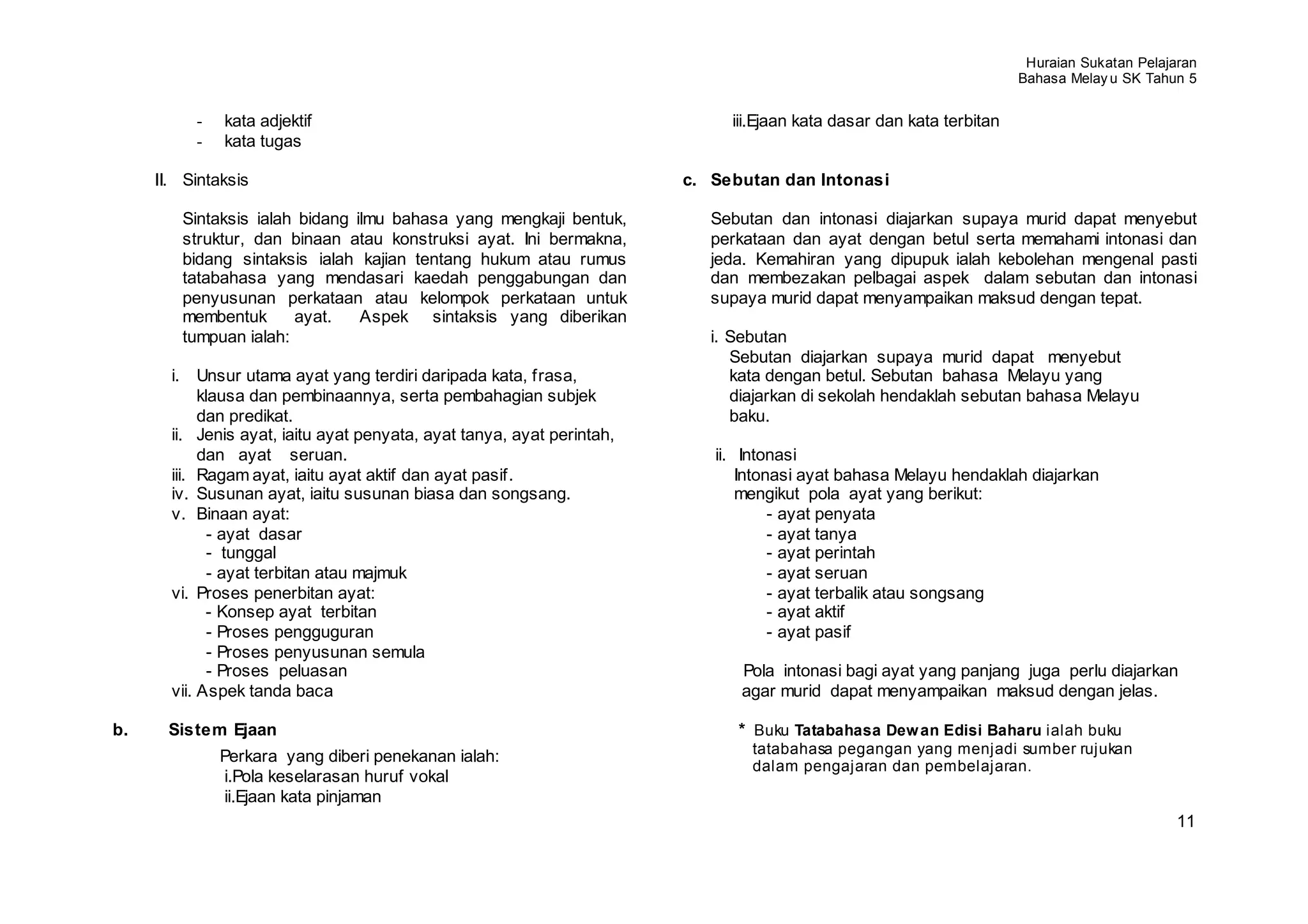 Huraian Sukatan Pelajaran
                                                                                                                      Bahasa Melay u SK Tahun 5


          -   kata adjektif                                                  iii.Ejaan kata dasar dan kata terbitan
          -   kata tugas

     II. Sintaksis                                                      c. Sebutan dan Intonasi

        Sintaksis ialah bidang ilmu bahasa yang mengkaji bentuk,           Sebutan dan intonasi diajarkan supaya murid dapat menyebut
        struktur, dan binaan atau konstruksi ayat. Ini bermakna,           perkataan dan ayat dengan betul serta memahami intonasi dan
        bidang sintaksis ialah kajian tentang hukum atau rumus             jeda. Kemahiran yang dipupuk ialah kebolehan mengenal pasti
        tatabahasa yang mendasari kaedah penggabungan dan                  dan membezakan pelbagai aspek dalam sebutan dan intonasi
        penyusunan perkataan atau kelompok perkataan untuk                 supaya murid dapat menyampaikan maksud dengan tepat.
        membentuk      ayat.    Aspek sintaksis yang diberikan
        tumpuan ialah:                                                     i. Sebutan
                                                                              Sebutan diajarkan supaya murid dapat menyebut
       i. Unsur utama ayat yang terdiri daripada kata, frasa,                 kata dengan betul. Sebutan bahasa Melayu yang
            klausa dan pembinaannya, serta pembahagian subjek                 diajarkan di sekolah hendaklah sebutan bahasa Melayu
            dan predikat.                                                     baku.
       ii. Jenis ayat, iaitu ayat penyata, ayat tanya, ayat perintah,
            dan ayat seruan.                                               ii. Intonasi
       iii. Ragam ayat, iaitu ayat aktif dan ayat pasif.                       Intonasi ayat bahasa Melayu hendaklah diajarkan
       iv. Susunan ayat, iaitu susunan biasa dan songsang.                     mengikut pola ayat yang berikut:
       v. Binaan ayat:                                                              - ayat penyata
              - ayat dasar                                                          - ayat tanya
              - tunggal                                                             - ayat perintah
              - ayat terbitan atau majmuk                                           - ayat seruan
       vi. Proses penerbitan ayat:                                                  - ayat terbalik atau songsang
              - Konsep ayat terbitan                                                - ayat aktif
              - Proses pengguguran                                                  - ayat pasif
              - Proses penyusunan semula
              - Proses peluasan                                               Pola intonasi bagi ayat yang panjang juga perlu diajarkan
       vii. Aspek tanda baca                                                  agar murid dapat menyampaikan maksud dengan jelas.

b.    Sistem Ejaan                                                            * Buku Tatabahasa Dew an Edisi Baharu ialah buku
              Perkara yang diberi penekanan ialah:                              tatabahasa pegangan yang menjadi sumber rujukan
                                                                                dalam pengajaran dan pembelajaran.
              i.Pola keselarasan huruf vokal
              ii.Ejaan kata pinjaman
                                                                                                                                             11
 