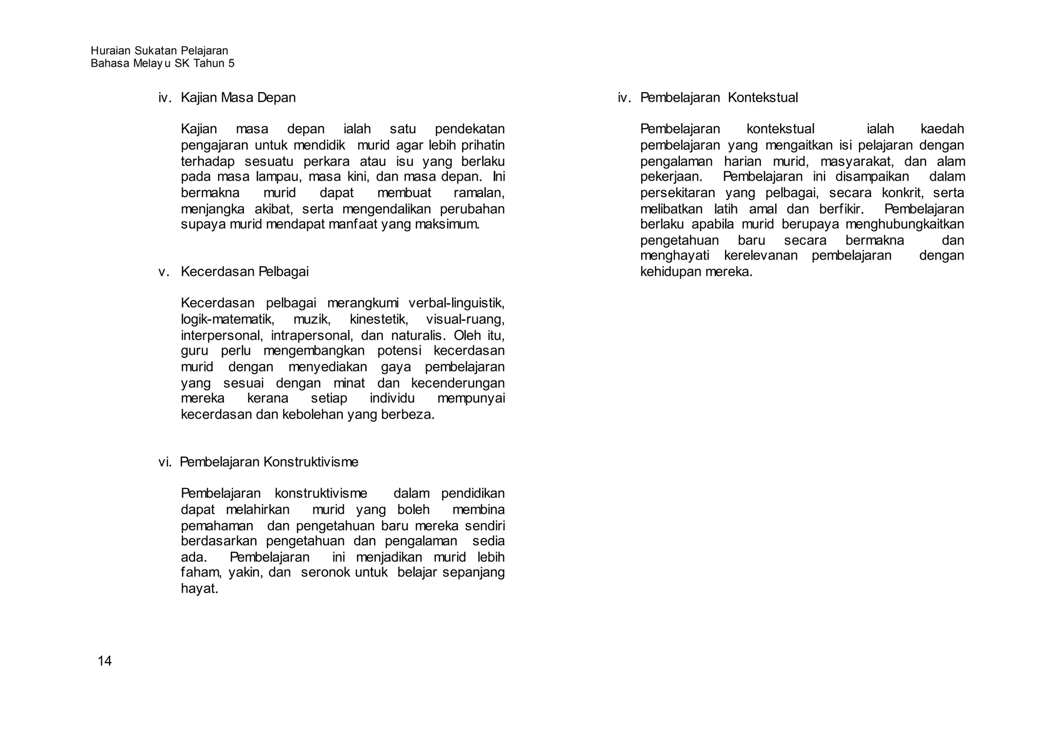 Huraian Sukatan Pelajaran
Bahasa Melay u SK Tahun 5


           iv. Kajian Masa Depan                                        iv. Pembelajaran Kontekstual

               Kajian masa depan ialah satu pendekatan                     Pembelajaran     kontekstual       ialah   kaedah
               pengajaran untuk mendidik murid agar lebih prihatin         pembelajaran yang mengaitkan isi pelajaran dengan
               terhadap sesuatu perkara atau isu yang berlaku              pengalaman harian murid, masyarakat, dan alam
               pada masa lampau, masa kini, dan masa depan. Ini            pekerjaan. Pembelajaran ini disampaikan dalam
               bermakna    murid    dapat   membuat      ramalan,          persekitaran yang pelbagai, secara konkrit, serta
               menjangka akibat, serta mengendalikan perubahan             melibatkan latih amal dan berfikir. Pembelajaran
               supaya murid mendapat manfaat yang maksimum.                berlaku apabila murid berupaya menghubungkaitkan
                                                                           pengetahuan baru secara bermakna              dan
                                                                           menghayati kerelevanan pembelajaran        dengan
           v. Kecerdasan Pelbagai                                          kehidupan mereka.

               Kecerdasan pelbagai merangkumi verbal-linguistik,
               logik-matematik, muzik, kinestetik, visual-ruang,
               interpersonal, intrapersonal, dan naturalis. Oleh itu,
               guru perlu mengembangkan potensi kecerdasan
               murid dengan menyediakan gaya pembelajaran
               yang sesuai dengan minat dan kecenderungan
               mereka     kerana     setiap   individu   mempunyai
               kecerdasan dan kebolehan yang berbeza.


           vi. Pembelajaran Konstruktivisme

               Pembelajaran konstruktivisme    dalam pendidikan
               dapat melahirkan    murid yang boleh     membina
               pemahaman dan pengetahuan baru mereka sendiri
               berdasarkan pengetahuan dan pengalaman sedia
               ada.   Pembelajaran    ini menjadikan murid lebih
               faham, yakin, dan seronok untuk belajar sepanjang
               hayat.




 14
 