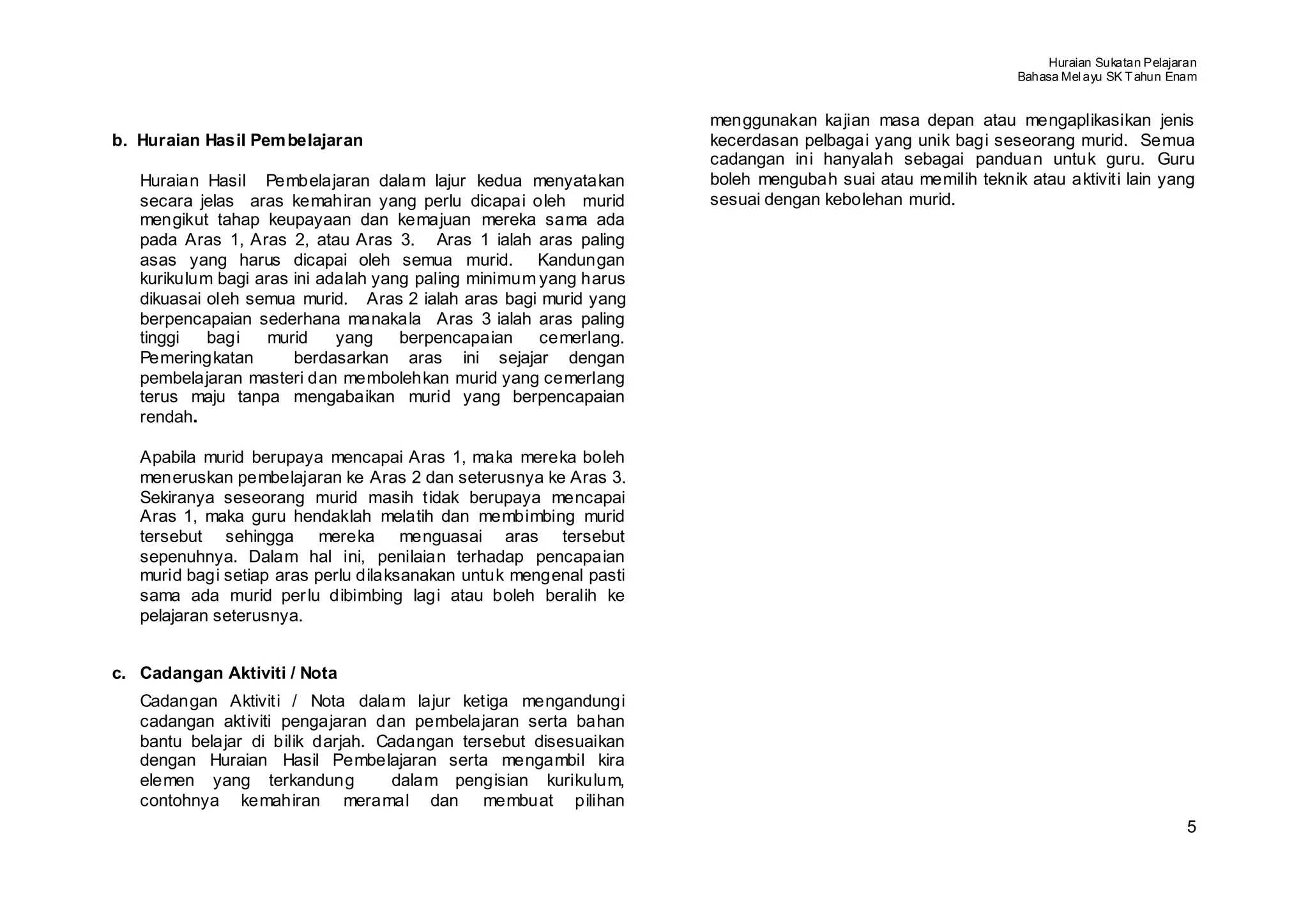 Huraian Sukatan Pelajaran
                                                                                                           Bahasa Mel ayu SK T ahun Enam


                                                                    menggunakan kajian masa depan atau mengaplikasikan jenis
b. Huraian Hasil Pem belajaran                                      kecerdasan pelbagai yang unik bagi seseorang murid. Semua
                                                                    cadangan ini hanyalah sebagai panduan untuk guru. Guru
   Huraian Hasil Pembelajaran dalam lajur kedua menyatakan          boleh mengubah suai atau memilih teknik atau aktiviti lain yang
   secara jelas aras kemahiran yang perlu dicapai oleh murid        sesuai dengan kebolehan murid.
   mengikut tahap keupayaan dan kemajuan mereka sama ada
   pada Aras 1, Aras 2, atau Aras 3. Aras 1 ialah aras paling
   asas yang harus dicapai oleh semua murid. Kandungan
   kurikulum bagi aras ini adalah yang paling minimum yang harus
   dikuasai oleh semua murid. Aras 2 ialah aras bagi murid yang
   berpencapaian sederhana manakala Aras 3 ialah aras paling
   tinggi   bagi    murid    yang    berpencapaian    cemerlang.
   Pemeringkatan       berdasarkan aras ini sejajar dengan
   pembelajaran masteri dan membolehkan murid yang cemerlang
   terus maju tanpa mengabaikan murid yang berpencapaian
   rendah.

   Apabila murid berupaya mencapai Aras 1, maka mereka boleh
   meneruskan pembelajaran ke Aras 2 dan seterusnya ke Aras 3.
   Sekiranya seseorang murid masih tidak berupaya mencapai
   Aras 1, maka guru hendaklah melatih dan membimbing murid
   tersebut sehingga mereka menguasai aras tersebut
   sepenuhnya. Dalam hal ini, penilaian terhadap pencapaian
   murid bagi setiap aras perlu dilaksanakan untuk mengenal pasti
   sama ada murid per lu dibimbing lagi atau boleh beralih ke
   pelajaran seterusnya.


c. Cadangan Aktiviti / Nota
   Cadangan Aktiviti / Nota dalam lajur ketiga mengandungi
   cadangan aktiviti pengajaran dan pembelajaran serta bahan
   bantu belajar di bilik darjah. Cadangan tersebut disesuaikan
   dengan Huraian Hasil Pembelajaran serta mengambil kira
   elemen yang terkandung           dalam pengisian kurikulum,
   contohnya kemahiran meramal dan membuat pilihan
                                                                                                                                       5
 