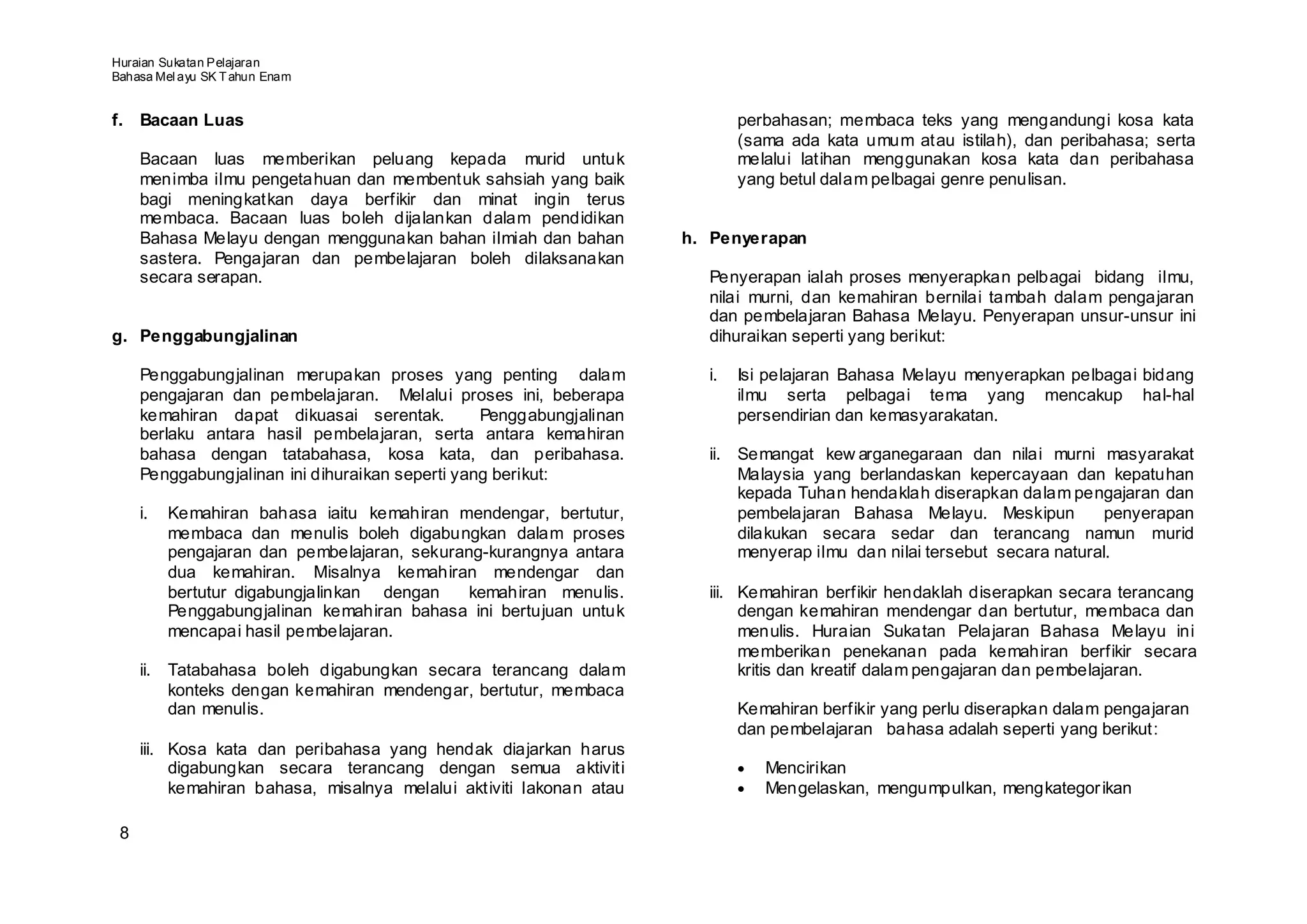 Huraian Sukatan Pelajaran
Bahasa Mel ayu SK T ahun Enam


f. Bacaan Luas                                                              perbahasan; membaca teks yang mengandungi kosa kata
                                                                            (sama ada kata umum atau istilah), dan peribahasa; serta
     Bacaan luas memberikan peluang kepada murid untuk                      melalui latihan menggunakan kosa kata dan peribahasa
     menimba ilmu pengetahuan dan membentuk sahsiah yang baik               yang betul dalam pelbagai genre penulisan.
     bagi meningkatkan daya berfikir dan minat ingin terus
     membaca. Bacaan luas boleh dijalankan dalam pendidikan
     Bahasa Melayu dengan menggunakan bahan ilmiah dan bahan         h. Penyerapan
     sastera. Pengajaran dan pembelajaran boleh dilaksanakan
     secara serapan.                                                   Penyerapan ialah proses menyerapkan pelbagai bidang ilmu,
                                                                       nilai murni, dan kemahiran bernilai tambah dalam pengajaran
                                                                       dan pembelajaran Bahasa Melayu. Penyerapan unsur-unsur ini
g. Penggabungjalinan                                                   dihuraikan seperti yang berikut:

     Penggabungjalinan merupakan proses yang penting dalam             i.   Isi pelajaran Bahasa Melayu menyerapkan pelbagai bidang
     pengajaran dan pembelajaran. Melalui proses ini, beberapa              ilmu serta pelbagai tema yang mencakup hal-hal
     kemahiran dapat dikuasai serentak.          Penggabungjalinan          persendirian dan kemasyarakatan.
     berlaku antara hasil pembelajaran, serta antara kemahiran
     bahasa dengan tatabahasa, kosa kata, dan peribahasa.              ii. Semangat kew arganegaraan dan nilai murni masyarakat
     Penggabungjalinan ini dihuraikan seperti yang berikut:                Malaysia yang berlandaskan kepercayaan dan kepatuhan
                                                                           kepada Tuhan hendaklah diserapkan dalam pengajaran dan
     i.   Kemahiran bahasa iaitu kemahiran mendengar, bertutur,            pembelajaran Bahasa Melayu. Meskipun           penyerapan
          membaca dan menulis boleh digabungkan dalam proses               dilakukan secara sedar dan terancang namun murid
          pengajaran dan pembelajaran, sekurang-kurangnya antara           menyerap ilmu dan nilai tersebut secara natural.
          dua kemahiran. Misalnya kemahiran mendengar dan
          bertutur digabungjalinkan dengan    kemahiran menulis.       iii. Kemahiran berfikir hendaklah diserapkan secara terancang
          Penggabungjalinan kemahiran bahasa ini bertujuan untuk            dengan kemahiran mendengar dan bertutur, membaca dan
          mencapai hasil pembelajaran.                                      menulis. Huraian Sukatan Pelajaran Bahasa Melayu ini
                                                                            memberikan penekanan pada kemahiran berfikir secara
     ii. Tatabahasa boleh digabungkan secara terancang dalam                kritis dan kreatif dalam pengajaran dan pembelajaran.
         konteks dengan kemahiran mendengar, bertutur, membaca
         dan menulis.                                                       Kemahiran berfikir yang perlu diserapkan dalam pengajaran
                                                                            dan pembelajaran bahasa adalah seperti yang berikut:
     iii. Kosa kata dan peribahasa yang hendak diajarkan harus
          digabungkan secara terancang dengan semua aktiviti                •   Mencirikan
          kemahiran bahasa, misalnya melalui aktiviti lakonan atau          •   Mengelaskan, mengumpulkan, mengkategor ikan

 8
 