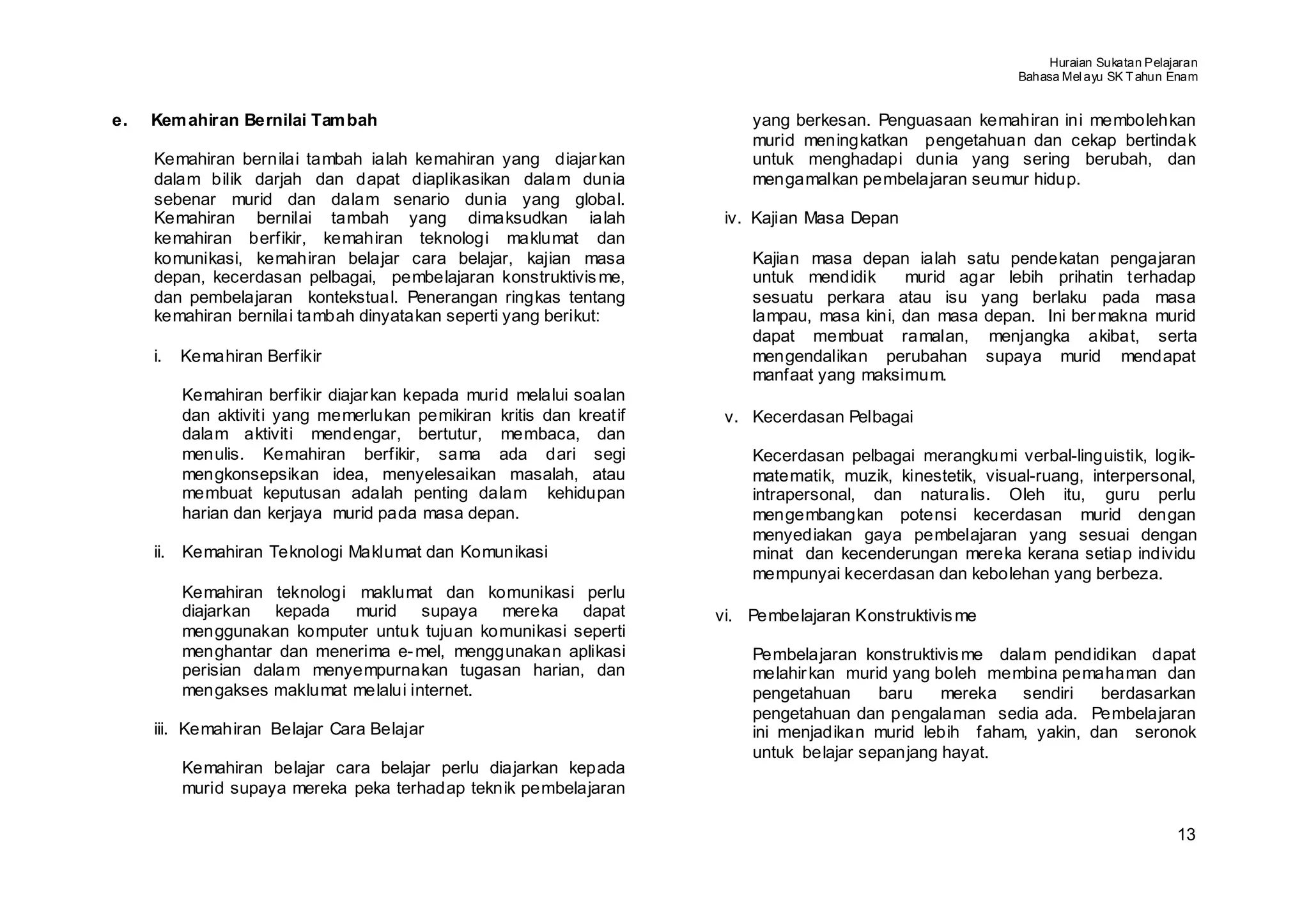 Huraian Sukatan Pelajaran
                                                                                                            Bahasa Mel ayu SK T ahun Enam


e.   Kem ahiran Bernilai Tam bah                                          yang berkesan. Penguasaan kemahiran ini membolehkan
                                                                          murid meningkatkan pengetahuan dan cekap bertindak
     Kemahiran bernilai tambah ialah kemahiran yang diajar kan            untuk menghadapi dunia yang sering berubah, dan
     dalam bilik darjah dan dapat diaplikasikan dalam dunia               mengamalkan pembelajaran seumur hidup.
     sebenar murid dan dalam senario dunia yang global.
     Kemahiran bernilai tambah yang dimaksudkan ialah                  iv. Kajian Masa Depan
     kemahiran berfikir, kemahiran teknologi maklumat dan
     komunikasi, kemahiran belajar cara belajar, kajian masa              Kajian masa depan ialah satu pendekatan pengajaran
     depan, kecerdasan pelbagai, pembelajaran konstruktivis me,           untuk mendidik     murid agar lebih prihatin terhadap
     dan pembelajaran kontekstual. Penerangan ringkas tentang             sesuatu perkara atau isu yang berlaku pada masa
     kemahiran bernilai tambah dinyatakan seperti yang berikut:           lampau, masa kini, dan masa depan. Ini ber makna murid
                                                                          dapat membuat ramalan, menjangka akibat, serta
     i.   Kemahiran Berfikir                                              mengendalikan perubahan supaya murid mendapat
                                                                          manfaat yang maksimum.
          Kemahiran berfikir diajar kan kepada murid melalui soalan
          dan aktiviti yang memerlukan pemikiran kritis dan kreatif    v. Kecerdasan Pelbagai
          dalam aktiviti mendengar, bertutur, membaca, dan
          menulis. Kemahiran berfikir, sama ada dari segi                 Kecerdasan pelbagai merangkumi verbal-linguistik, logik-
          mengkonsepsikan idea, menyelesaikan masalah, atau               matematik, muzik, kinestetik, visual-ruang, interpersonal,
          membuat keputusan adalah penting dalam kehidupan                intrapersonal, dan naturalis. Oleh itu, guru perlu
          harian dan kerjaya murid pada masa depan.                       mengembangkan potensi kecerdasan murid dengan
                                                                          menyediakan gaya pembelajaran yang sesuai dengan
     ii. Kemahiran Teknologi Maklumat dan Komunikasi                      minat dan kecenderungan mereka kerana setiap individu
                                                                          mempunyai kecerdasan dan kebolehan yang berbeza.
          Kemahiran teknologi maklumat dan komunikasi perlu
          diajarkan kepada    murid supaya mereka dapat               vi. Pembelajaran Konstruktivis me
          menggunakan komputer untuk tujuan komunikasi seperti
          menghantar dan menerima e- mel, menggunakan aplikasi            Pembelajaran konstruktivis me dalam pendidikan dapat
          perisian dalam menyempurnakan tugasan harian, dan               melahir kan murid yang boleh membina pemahaman dan
          mengakses maklumat melalui internet.                            pengetahuan     baru    mereka   sendiri  berdasarkan
                                                                          pengetahuan dan pengalaman sedia ada. Pembelajaran
     iii. Kemahiran Belajar Cara Belajar                                  ini menjadikan murid lebih faham, yakin, dan seronok
                                                                          untuk belajar sepanjang hayat.
          Kemahiran belajar cara belajar perlu diajarkan kepada
          murid supaya mereka peka terhadap teknik pembelajaran

                                                                                                                                      13
 