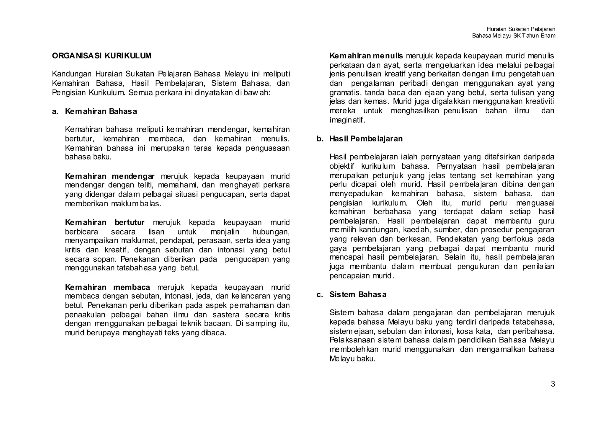 Huraian Sukatan Pelajaran
                                                                                                            Bahasa Mel ayu SK T ahun Enam


ORGANISASI KURIKULUM                                                 Kem ahiran menulis merujuk kepada keupayaan murid menulis
                                                                     perkataan dan ayat, serta mengeluarkan idea melalui pelbagai
Kandungan Huraian Sukatan Pelajaran Bahasa Melayu ini meliputi       jenis penulisan kreatif yang berkaitan dengan ilmu pengetahuan
Kemahiran Bahasa, Hasil Pembelajaran, Sistem Bahasa, dan             dan pengalaman peribadi dengan menggunakan ayat yang
Pengisian Kurikulum. Semua perkara ini dinyatakan di baw ah:         gramatis, tanda baca dan ejaan yang betul, serta tulisan yang
                                                                     jelas dan kemas. Murid juga digalakkan menggunakan kreativiti
a. Kem ahiran Bahasa                                                 mereka untuk menghasilkan penulisan bahan ilmu             dan
                                                                     imaginatif.
   Kemahiran bahasa meliputi kemahiran mendengar, kemahiran
   bertutur, kemahiran membaca, dan kemahiran menulis.            b. Hasil Pembelajaran
   Kemahiran bahasa ini merupakan teras kepada penguasaan
   bahasa baku.                                                      Hasil pembelajaran ialah pernyataan yang ditafsirkan daripada
                                                                     objektif kurikulum bahasa. Pernyataan hasil pembelajaran
   Kem ahiran mendengar merujuk kepada keupayaan murid               merupakan petunjuk yang jelas tentang set kemahiran yang
   mendengar dengan teliti, memahami, dan menghayati perkara         perlu dicapai oleh murid. Hasil pembelajaran dibina dengan
   yang didengar dalam pelbagai situasi pengucapan, serta dapat      menyepadukan kemahiran bahasa, sistem bahasa, dan
   memberikan maklum balas.                                          pengisian kurikulum. Oleh itu, murid perlu menguasai
                                                                     kemahiran berbahasa yang terdapat dalam setiap hasil
   Kem ahiran bertutur merujuk kepada keupayaan murid                pembelajaran. Hasil pembelajaran dapat membantu guru
   berbicara    secara    lisan  untuk   menjalin  hubungan,         memilih kandungan, kaedah, sumber, dan prosedur pengajaran
   menyampaikan maklumat, pendapat, perasaan, serta idea yang        yang relevan dan ber kesan. Pendekatan yang berfokus pada
   kritis dan kreatif, dengan sebutan dan intonasi yang betul        gaya pembelajaran yang pelbagai dapat membantu murid
   secara sopan. Penekanan diberikan pada pengucapan yang            mencapai hasil pembelajaran. Selain itu, hasil pembelajaran
   menggunakan tatabahasa yang betul.                                juga membantu dalam membuat pengukuran dan penilaian
                                                                     pencapaian murid.
   Kem ahiran membaca merujuk kepada keupayaan murid
   membaca dengan sebutan, intonasi, jeda, dan kelancaran yang    c. Sistem Bahasa
   betul. Penekanan perlu diberikan pada aspek pemahaman dan
   penaakulan pelbagai bahan ilmu dan sastera secara kritis          Sistem bahasa dalam pengajaran dan pembelajaran merujuk
   dengan menggunakan pelbagai teknik bacaan. Di samping itu,        kepada bahasa Melayu baku yang terdiri daripada tatabahasa,
   murid berupaya menghayati teks yang dibaca.                       sistem ejaan, sebutan dan intonasi, kosa kata, dan peribahasa.
                                                                     Pelaksanaan sistem bahasa dalam pendidikan Bahasa Melayu
                                                                     membolehkan murid menggunakan dan mengamalkan bahasa
                                                                     Melayu baku.


                                                                                                                                        3
 