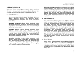 Huraian Sukatan Pelajaran
                                                                                                            Bahasa Mel ayu SK T ahun Enam


ORGANISASI KURIKULUM                                                 Kem ahiran menulis merujuk kepada keupayaan murid menulis
                                                                     perkataan dan ayat, serta mengeluarkan idea melalui pelbagai
Kandungan Huraian Sukatan Pelajaran Bahasa Melayu ini meliputi       jenis penulisan kreatif yang berkaitan dengan ilmu pengetahuan
Kemahiran Bahasa, Hasil Pembelajaran, Sistem Bahasa, dan             dan pengalaman peribadi dengan menggunakan ayat yang
Pengisian Kurikulum. Semua perkara ini dinyatakan di baw ah:         gramatis, tanda baca dan ejaan yang betul, serta tulisan yang
                                                                     jelas dan kemas. Murid juga digalakkan menggunakan kreativiti
a. Kem ahiran Bahasa                                                 mereka untuk menghasilkan penulisan bahan ilmu             dan
                                                                     imaginatif.
   Kemahiran bahasa meliputi kemahiran mendengar, kemahiran
   bertutur, kemahiran membaca, dan kemahiran menulis.            b. Hasil Pembelajaran
   Kemahiran bahasa ini merupakan teras kepada penguasaan
   bahasa baku.                                                      Hasil pembelajaran ialah pernyataan yang ditafsirkan daripada
                                                                     objektif kurikulum bahasa. Pernyataan hasil pembelajaran
   Kem ahiran mendengar merujuk kepada keupayaan murid               merupakan petunjuk yang jelas tentang set kemahiran yang
   mendengar dengan teliti, memahami, dan menghayati perkara         perlu dicapai oleh murid. Hasil pembelajaran dibina dengan
   yang didengar dalam pelbagai situasi pengucapan, serta dapat      menyepadukan kemahiran bahasa, sistem bahasa, dan
   memberikan maklum balas.                                          pengisian kurikulum. Oleh itu, murid perlu menguasai
                                                                     kemahiran berbahasa yang terdapat dalam setiap hasil
   Kem ahiran bertutur merujuk kepada keupayaan murid                pembelajaran. Hasil pembelajaran dapat membantu guru
   berbicara    secara    lisan  untuk   menjalin  hubungan,         memilih kandungan, kaedah, sumber, dan prosedur pengajaran
   menyampaikan maklumat, pendapat, perasaan, serta idea yang        yang relevan dan ber kesan. Pendekatan yang berfokus pada
   kritis dan kreatif, dengan sebutan dan intonasi yang betul        gaya pembelajaran yang pelbagai dapat membantu murid
   secara sopan. Penekanan diberikan pada pengucapan yang            mencapai hasil pembelajaran. Selain itu, hasil pembelajaran
   menggunakan tatabahasa yang betul.                                juga membantu dalam membuat pengukuran dan penilaian
                                                                     pencapaian murid.
   Kem ahiran membaca merujuk kepada keupayaan murid
   membaca dengan sebutan, intonasi, jeda, dan kelancaran yang    c. Sistem Bahasa
   betul. Penekanan perlu diberikan pada aspek pemahaman dan
   penaakulan pelbagai bahan ilmu dan sastera secara kritis          Sistem bahasa dalam pengajaran dan pembelajaran merujuk
   dengan menggunakan pelbagai teknik bacaan. Di samping itu,        kepada bahasa Melayu baku yang terdiri daripada tatabahasa,
   murid berupaya menghayati teks yang dibaca.                       sistem ejaan, sebutan dan intonasi, kosa kata, dan peribahasa.
                                                                     Pelaksanaan sistem bahasa dalam pendidikan Bahasa Melayu
                                                                     membolehkan murid menggunakan dan mengamalkan bahasa
                                                                     Melayu baku.


                                                                                                                                        3
 