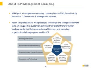 - 6 -
About HSPI Management Consulting
 HSPI SpA is a management consulting company born in 2003, based in Italy,
focused on IT Governance & Management services.
 About 100 professionals, with processes, technology and change enablement
skills, who support its customers defining their digital transformation
strategy, designing their enterprise architecture, and executing
organizational changes generated by ICT.
 