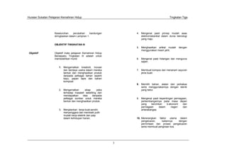 Huraian Sukatan Pelajaran Kemahiran Hidup Tingkatan Tiga
3
4. Mengenal pasti prinsip mudah asas
elektromekanikal dalam dunia teknologi
yang maju.
5. Menghasilkan artikel mudah dengan
menggunakan mesin jahit.
6. Mengenal pasti hidangan dan mengurus
sajian.
7. Membuat kompos dan menanam sayuran
jenis buah.
8. Memilih bahan, alatan dan perkakas
serta menggunakannya dengan teknik
yang betul.
9. Mengenal pasti kepentingan perniagaan,
perkembangannya pada masa depan
yang bercirikan k-ekonomi dan
perniagaan dalam negeri dan
antarabangsa.
10. Menerangkan faktor utama dalam
pengeluaran, kaitannya dengan
permintaan dan proses pengeluaran
serta membuat pengiraan kos.
Keseluruhan perubahan kandungan
diringkaskan dalam Lampiran 1.
OBJEKTIF TINGKATAN III
Objektif Objektif mata pelajaran Kemahiran Hidup
Bersepadu Tingkatan III adalah untuk
membolehkan murid:
1. Mengamalkan kreativiti, inovasi
dan berdaya usaha dalam mereka
bentuk dan menghasilkan produk
daripada pelbagai bahan seperti
kayu, papan lapis dan bahan
komposit
2. Mengamalkan sikap peka
terhadap masalah sekeliling dan
mendapatkan idea daripada
pelbagai sumber untuk mereka
bentuk dan menghasilkan produk.
3. Menjalankan kerja-buat-sendiri,
menyenggara dan membaik pulih
mudah kerja elektrik dan paip
dalam kehidupan harian.
 
