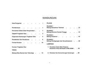 v
KANDUNGAN
Kata Pengantar .. .. .. .. .. i
Pendahuluan .. .. .. .. .. 1
Perubahan Dalam Edisi Penyemakan .. .. 1
Objektif Tingkatan Satu .. .. .. .. 3
Organisasi Kandungan Tingkatan Satu .. 4
Pendekatan Dan Penekanan ... .. .. 6
Format Huraian .. .. .. .. .. 10
Huraian Tingkatan Dua
TERAS
Bidang Reka Bentuk dan Teknologi .. .. 15
PILIHAN
PILIHAN 1
Bidang Kemahiran Teknikal .. .. .. .. 23
PILIHAN 2
Bidang Ekonomi Rumah Tangga .. .. .. 33
PILIHAN 3
Bidang Pertanian .. .. .. .. .. .. 43
PILIHAN 4
Bidang Perdagangan dan Keusahawanan .. .. 49
LAMPIRAN
1. Perubahan Dalam Mata Pelajaran
Kemahiran Hidup Bersepadu (KHB) KBSM .. .. 59
2. Pemetaan Dan Kesinambungan Kandungan .. 69
 