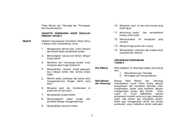 Huraian Sukatan Pelajaran Kemahiran Hidup Tahun 6